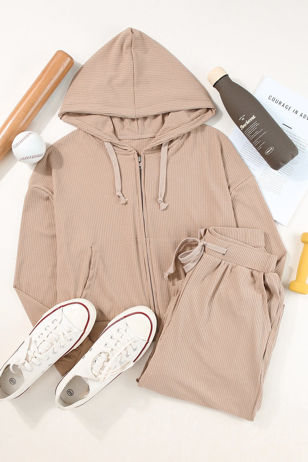 Drawstring Zip Up Hoodie and Pants Active Set - Angel Body