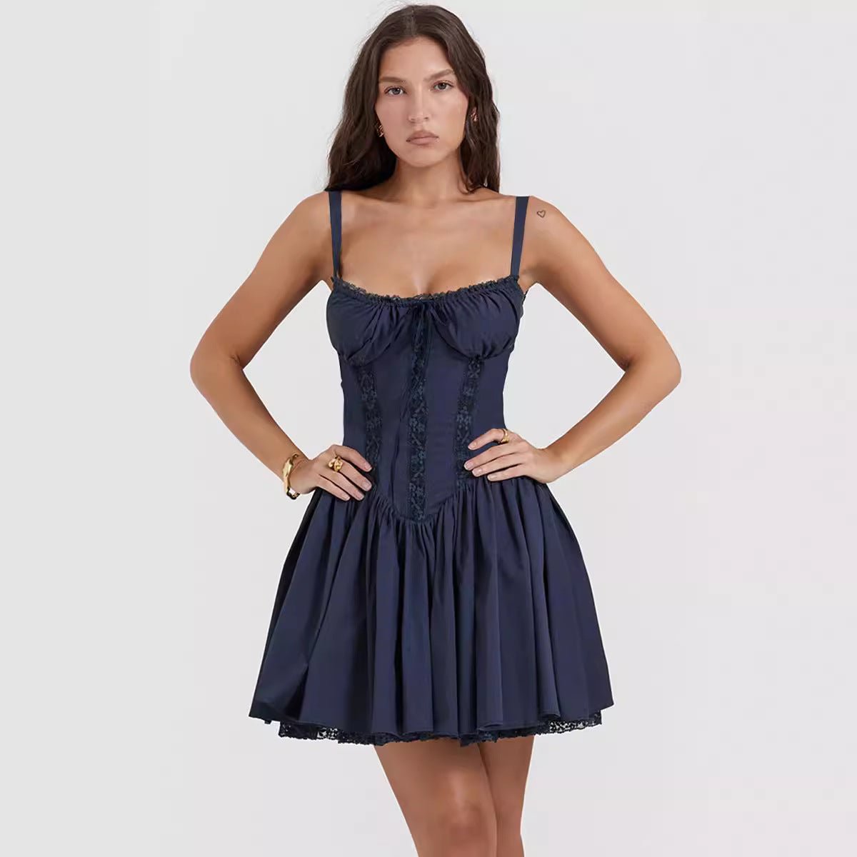 Sexy Lace Suspender Dress Summer Fashion Lace - up Slim Waist Pleated Short Dresses For Womens Clothing - Angel Body