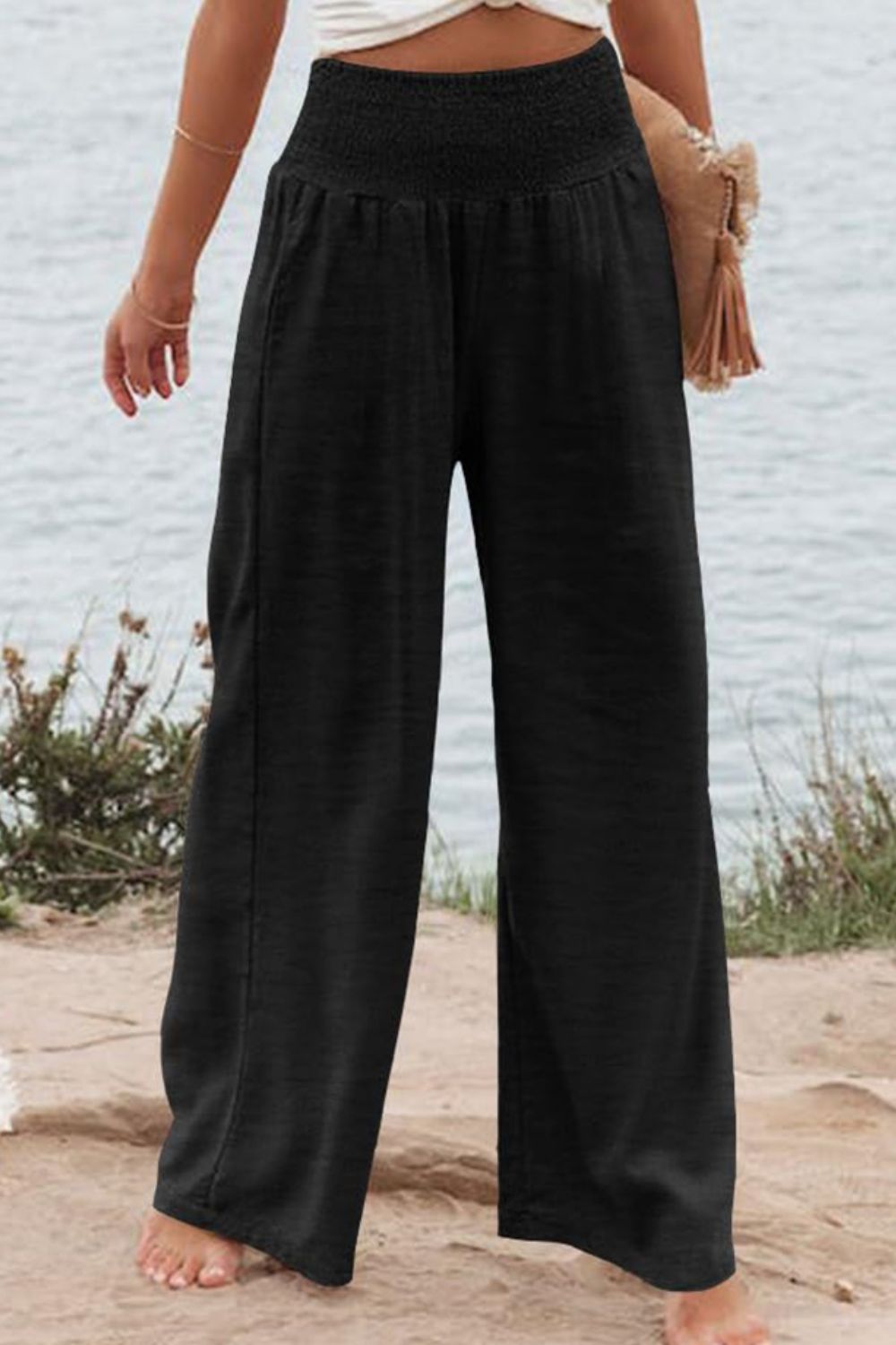 Plus Size Smocked High Waist Wide Leg Pants - Angel Body