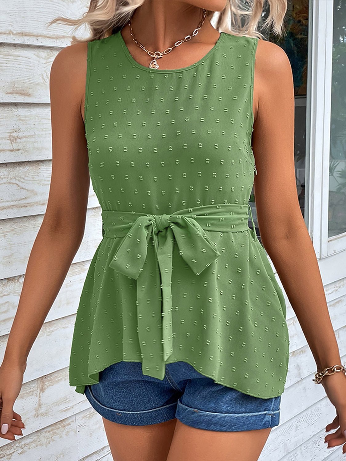 Swiss Dot Tie Waist Tank Top - Angel Body
