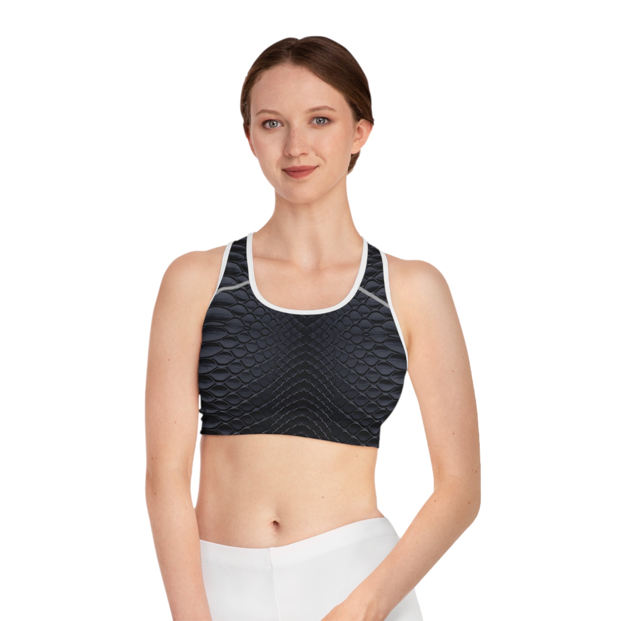 Sleek Black Snake Skin Sports Bra for Fitness Enthusiasts