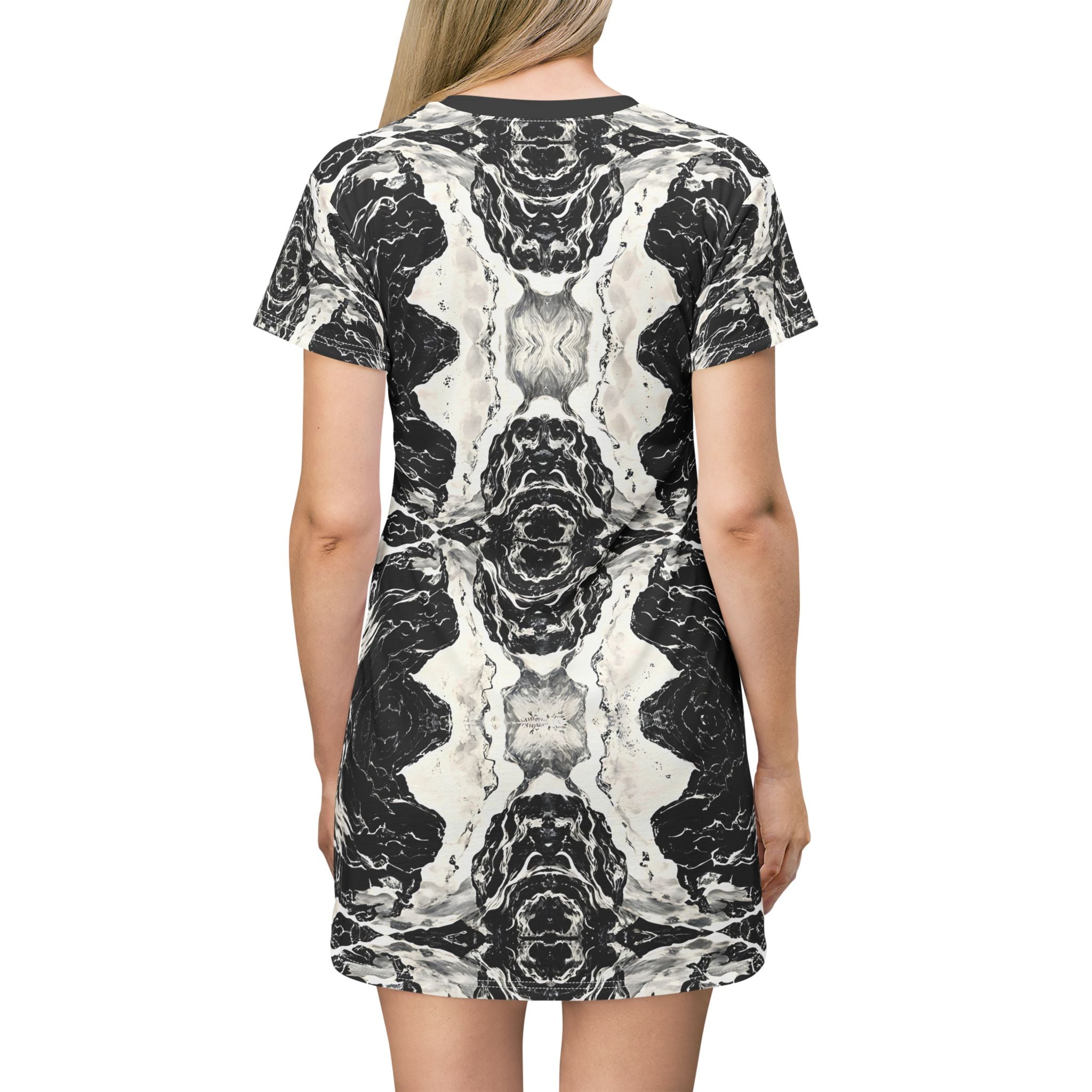 Woman Bohemian Floral T-Shirt Dress - Black & White Abstract Design for Summer Days - Angel Body