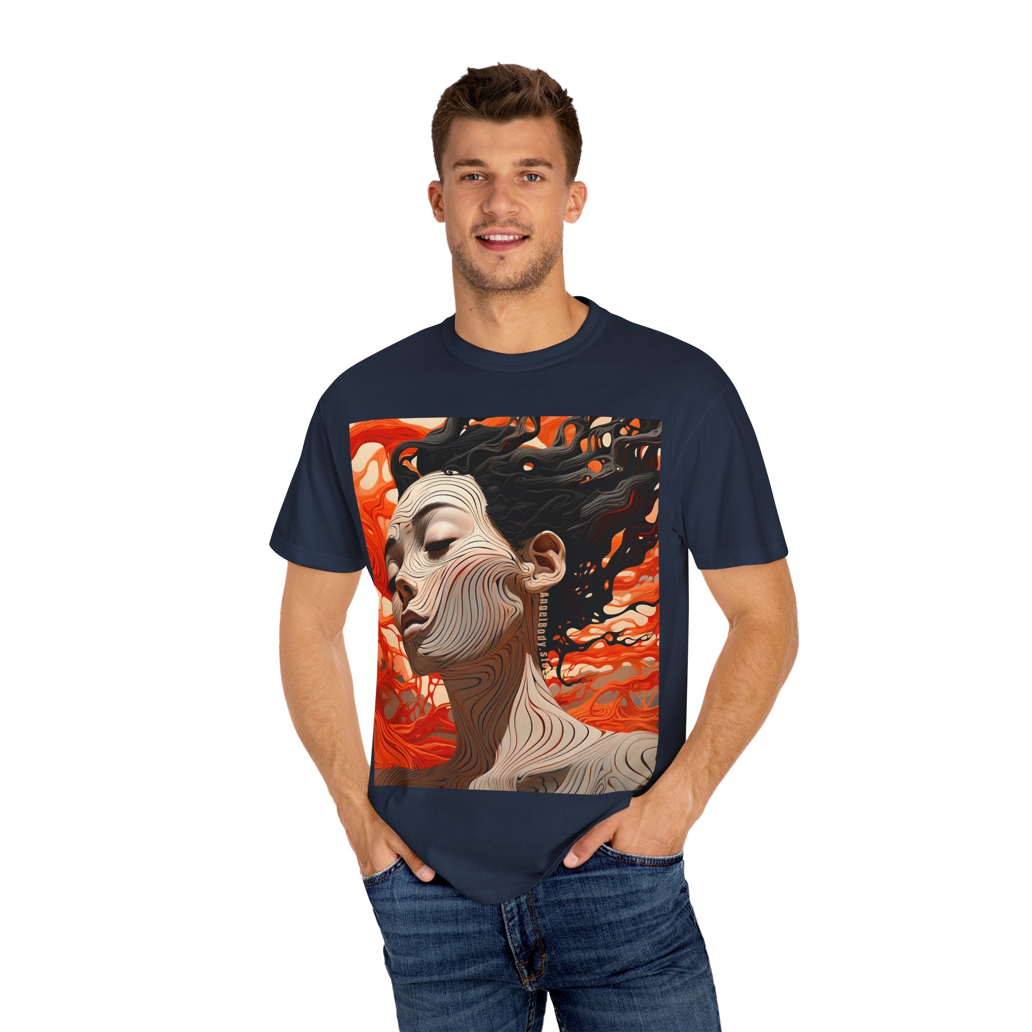 Artistic Unisex Garment-Dyed T-Shirt with Abstract female face Profile Design - Angel Body
