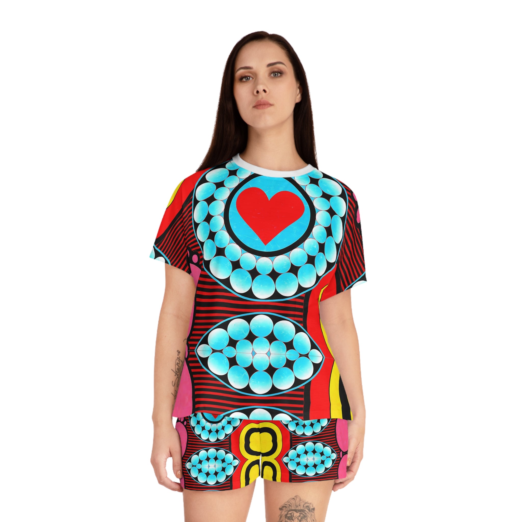 Colorful Heart Print Women's Short Pajama Set - Comfortable and Fun Sleepwear - Angel Body