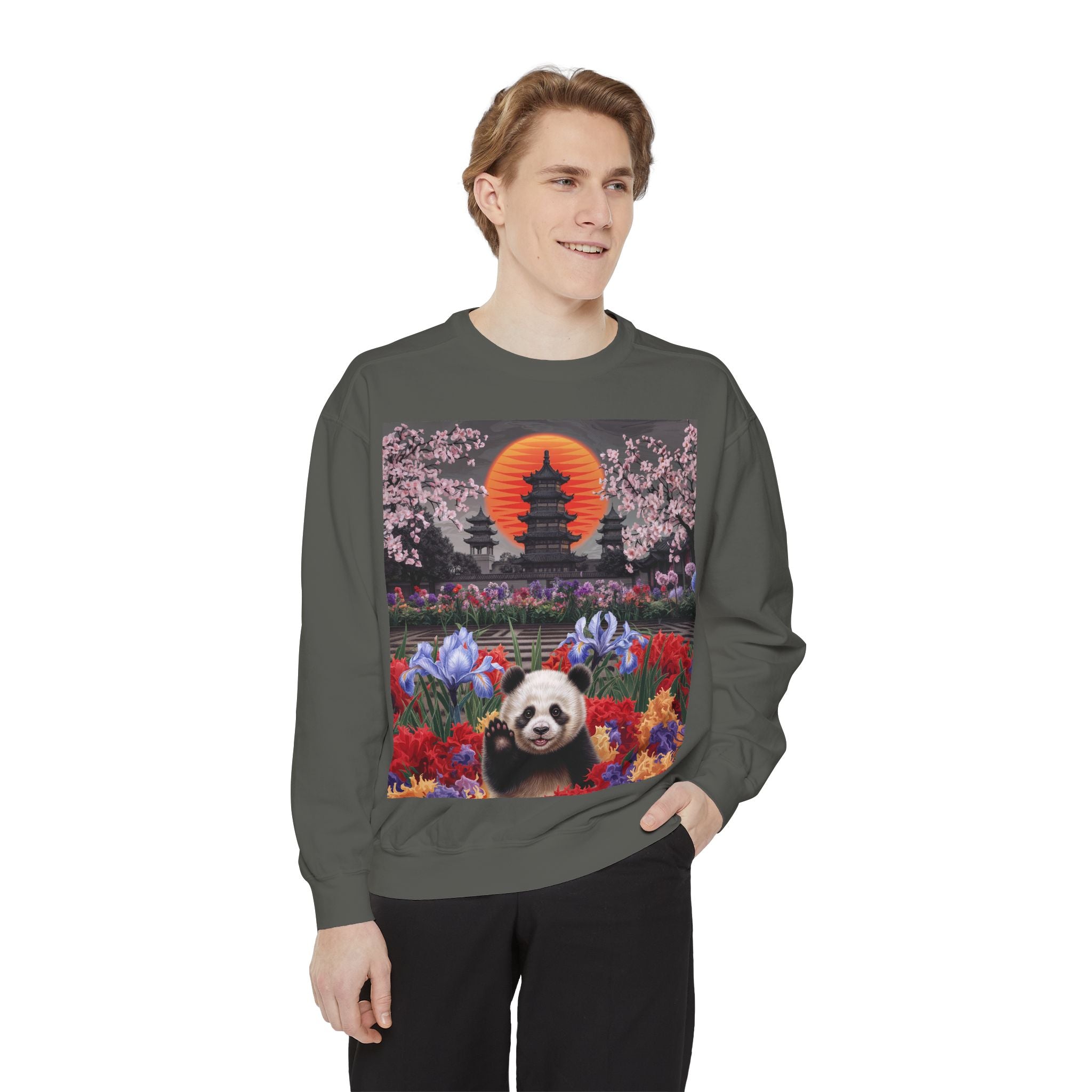 Cozy Panda Garden Sweatshirt - Unisex Garment-Dyed Apparel - Angel Body