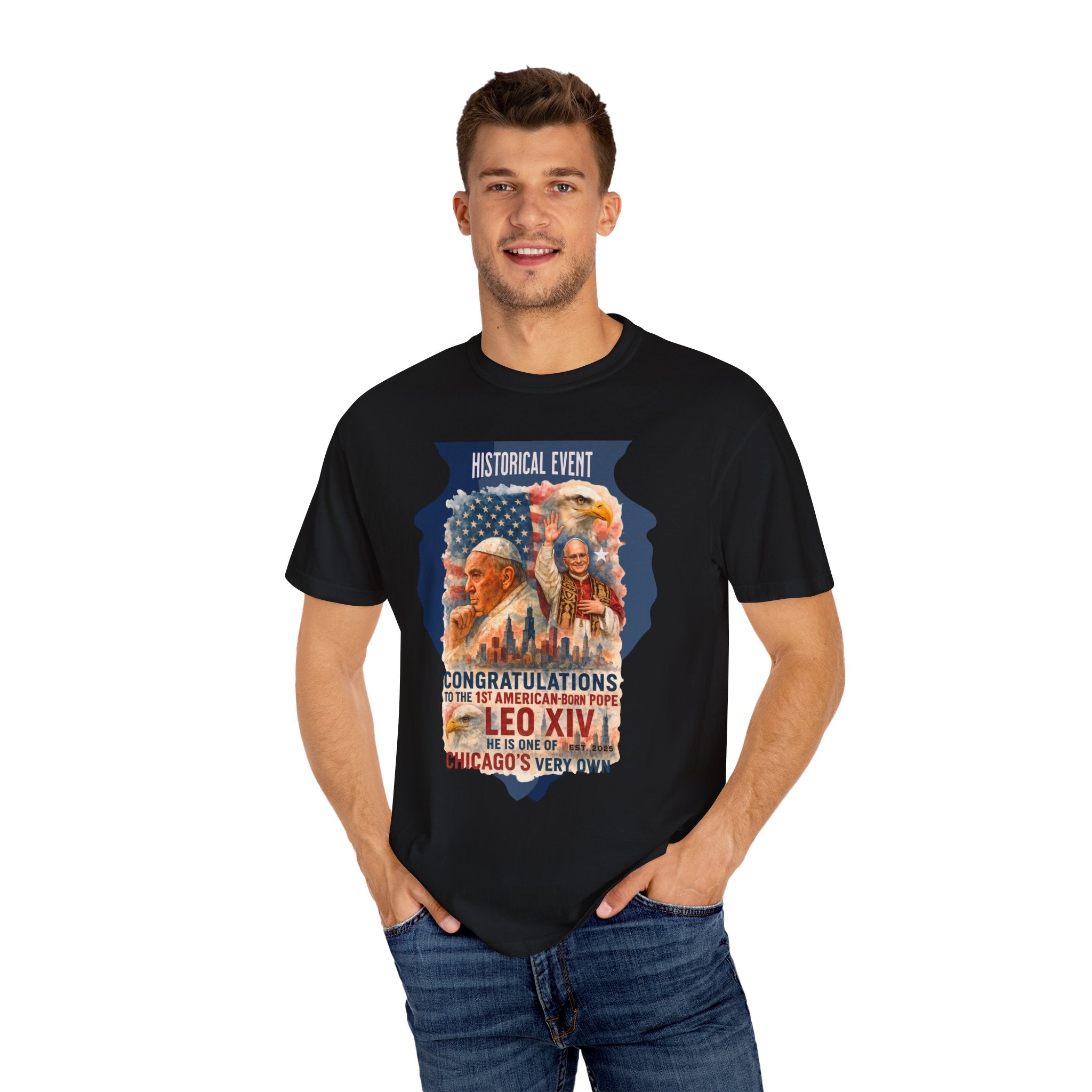 Historical Event T-Shirt - Congratulations to Leo XIV, Chicago's Own - Unisex Garment-Dyed Tee - Angel Body