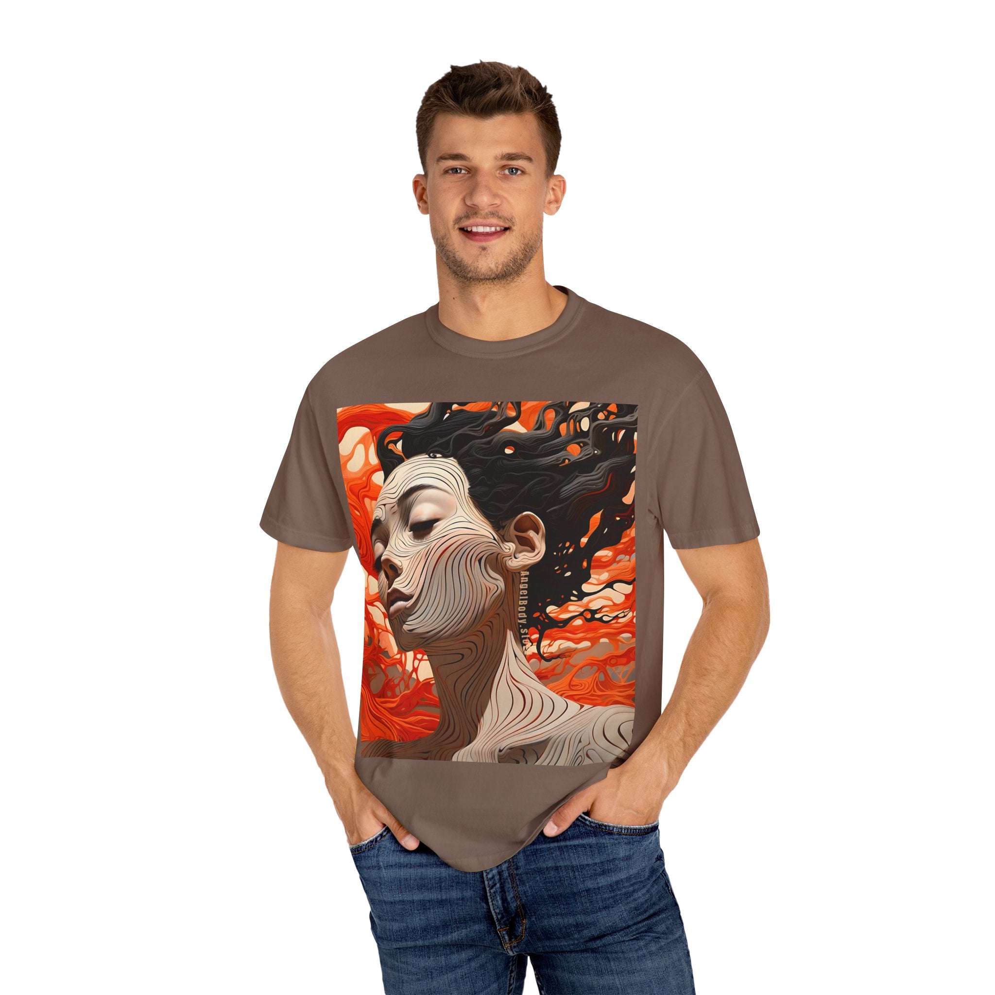 Artistic Unisex Garment-Dyed T-Shirt with Abstract female face Profile Design - Angel Body