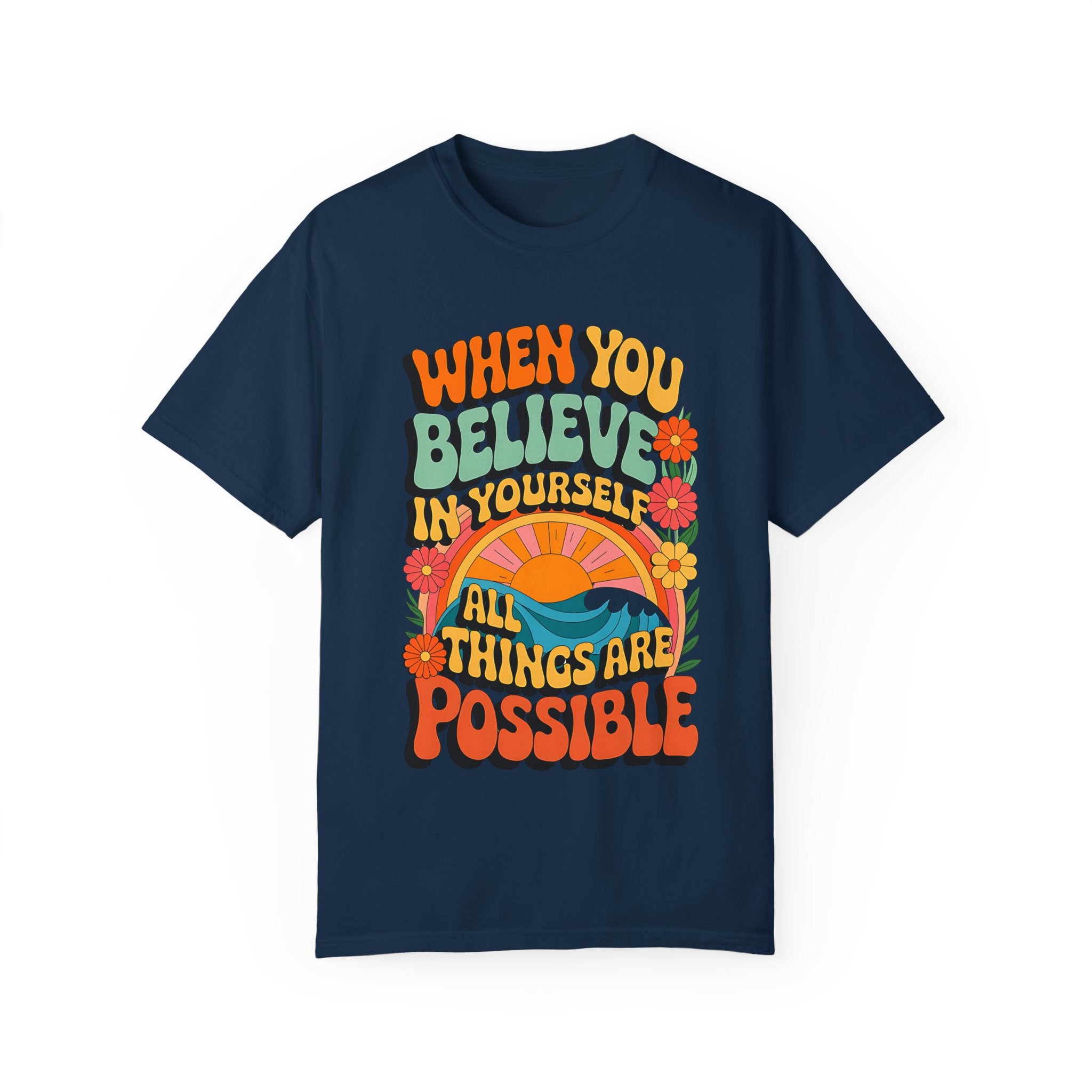 Motivational Unisex Garment-Dyed T-Shirt - 'Believe in Yourself' Design - Angel Body