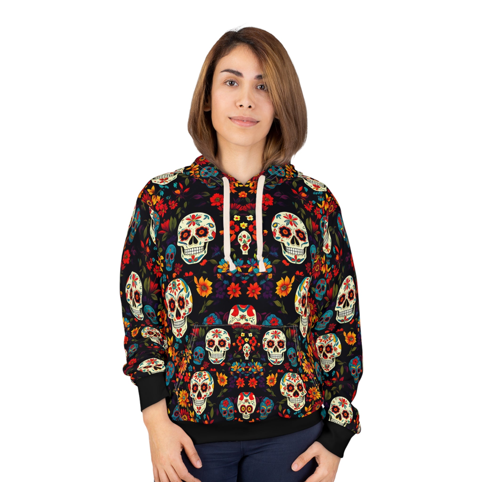 Day of the Dead Floral Skull Hoodie - Unisex Pullover Sweater for Celebration - Angel Body