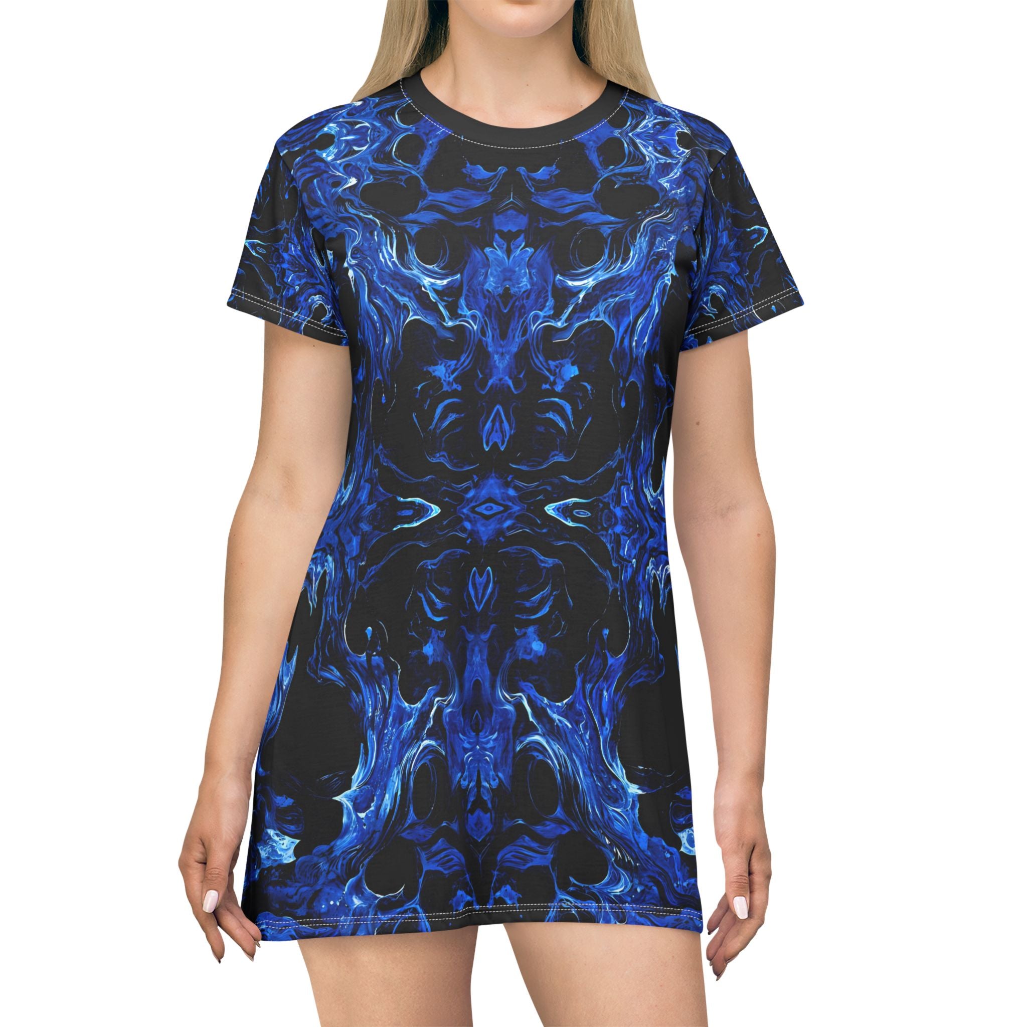 Vibrant Blue Abstract T-Shirt Dress - Blue Passion - Summer & Casual Wear - Angel Body
