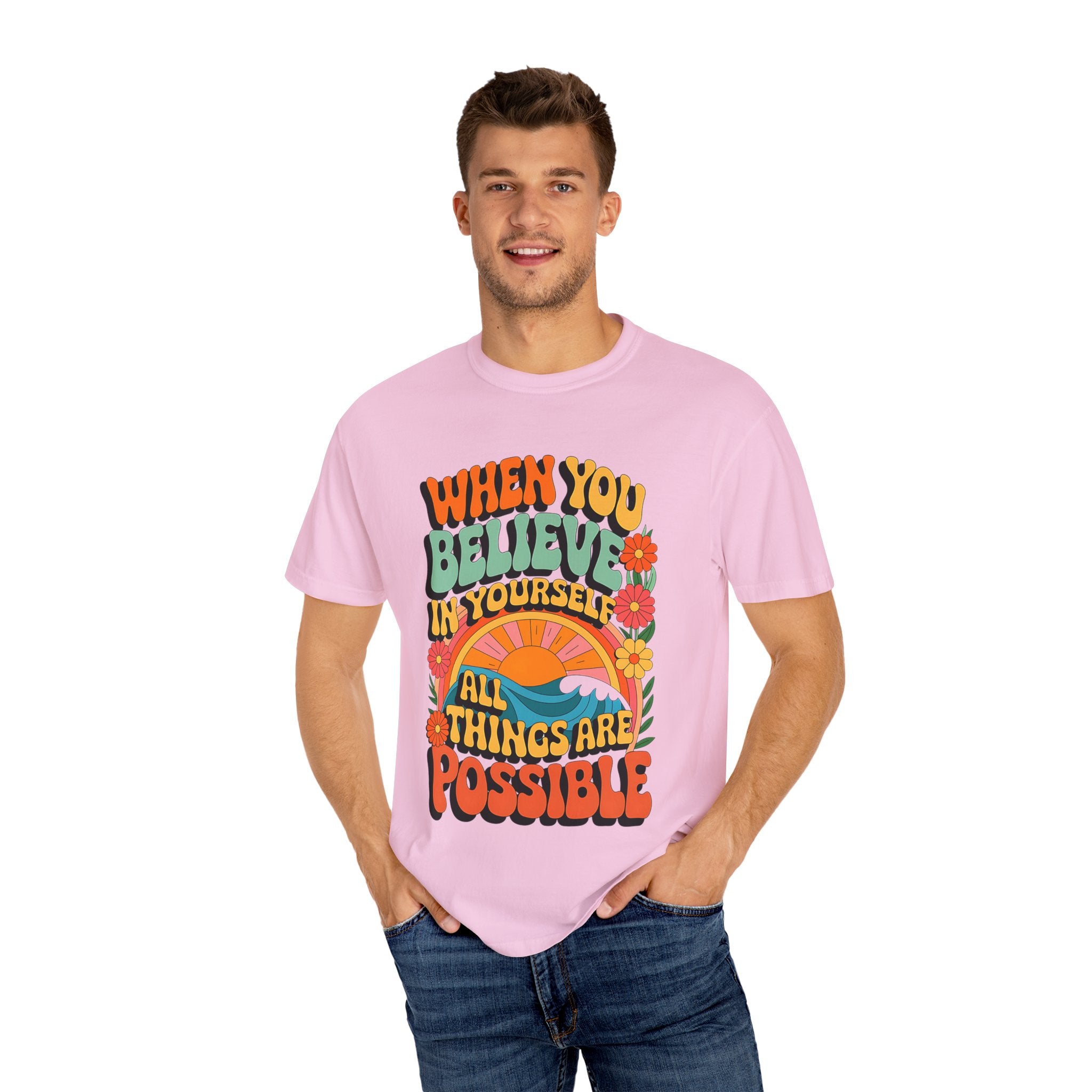 Motivational Unisex Garment-Dyed T-Shirt - 'Believe in Yourself' Design - Angel Body