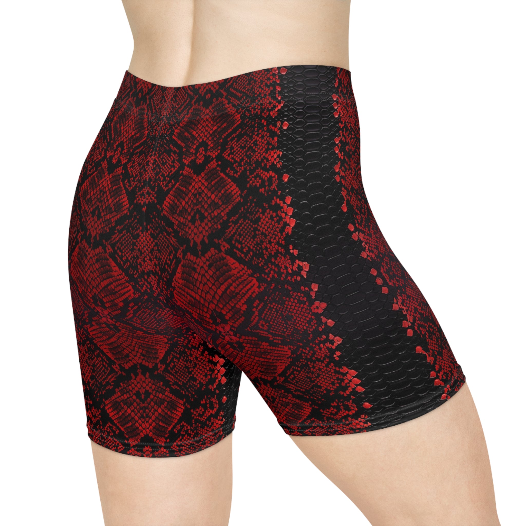 Red Snake Print Women's Biker Shorts - Fashionable Athletic Wear for Active Lifestyle