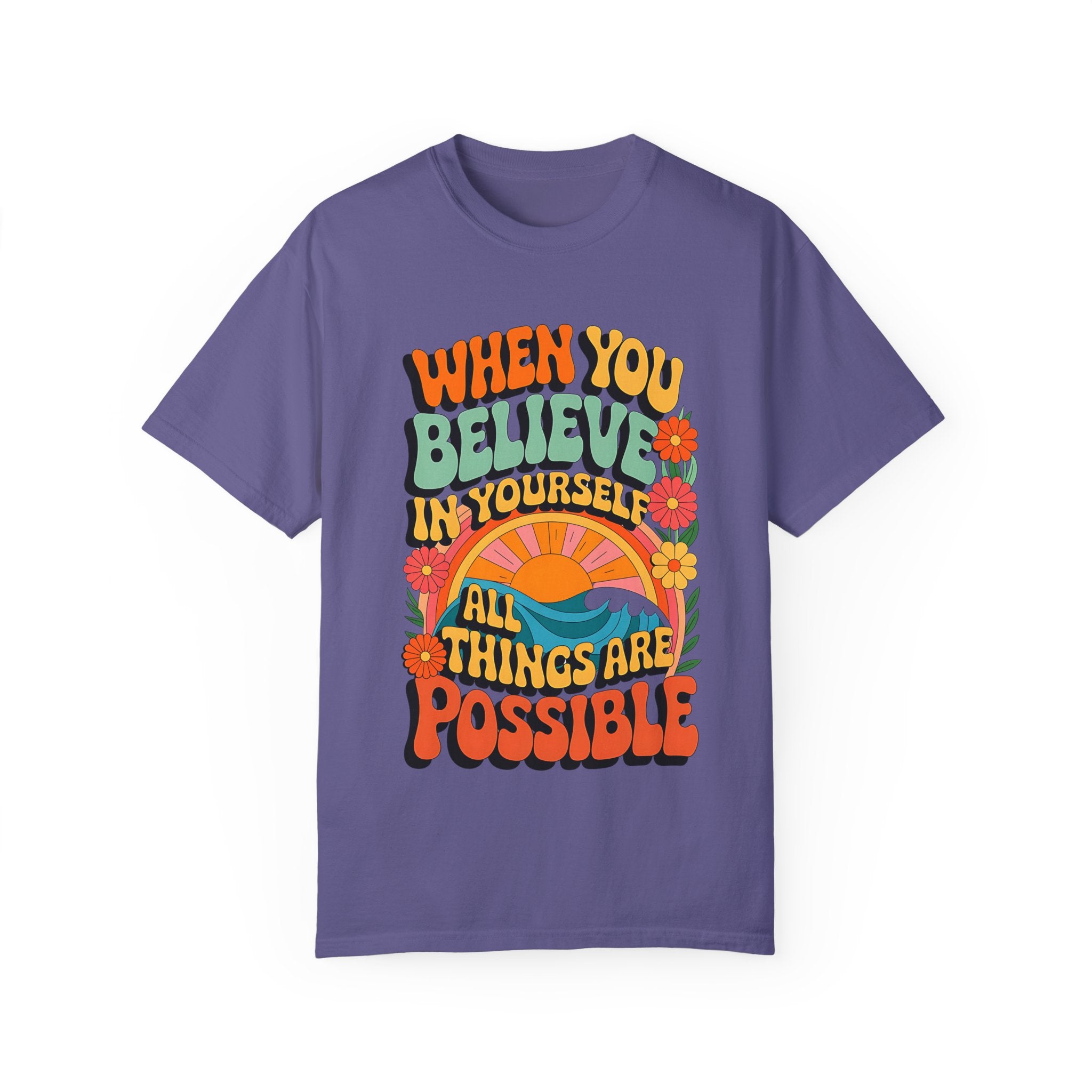 Motivational Unisex Garment-Dyed T-Shirt - 'Believe in Yourself' Design - Angel Body