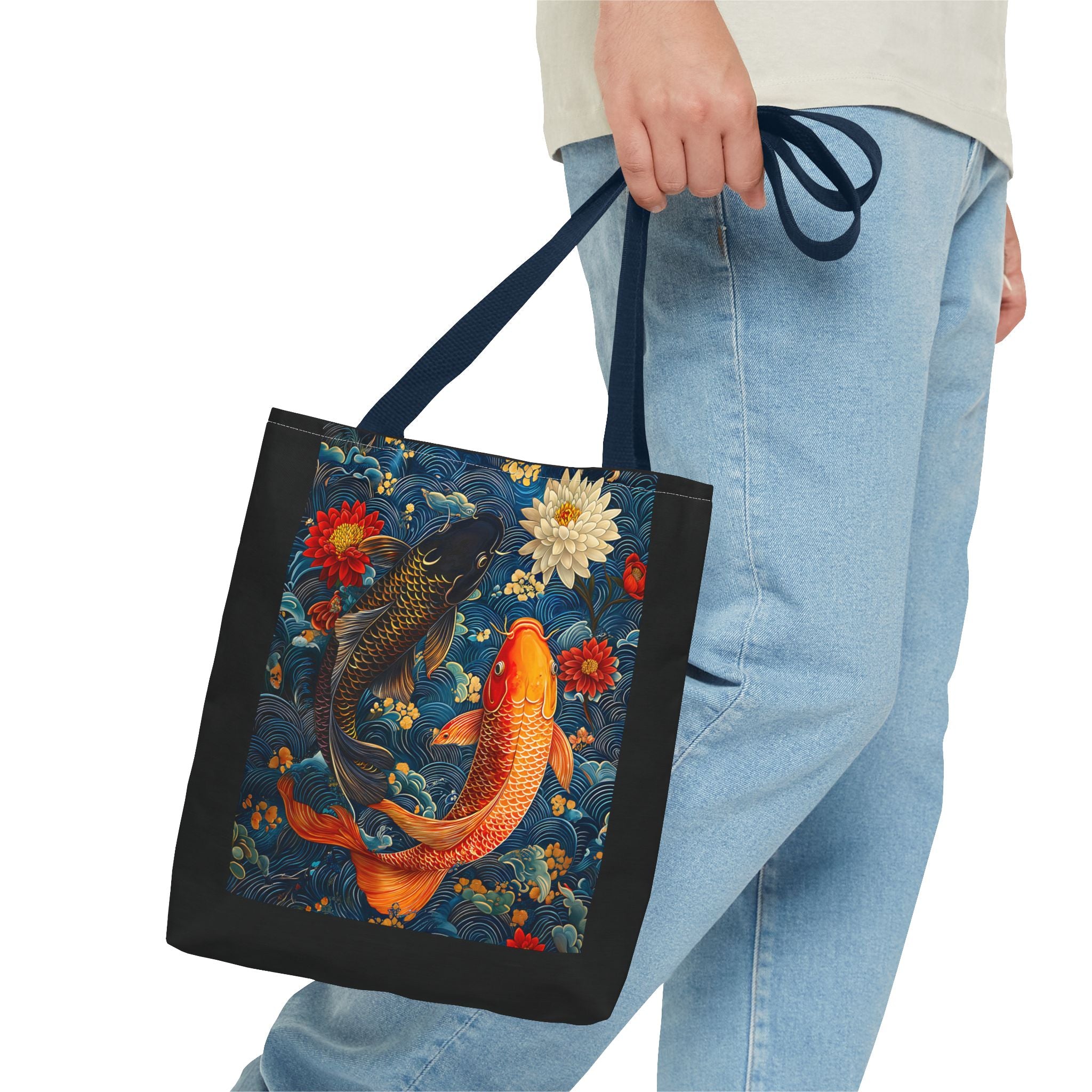 Elegant Koi Fish Tote Bag - Bright Blue Floral Design - Angel Body