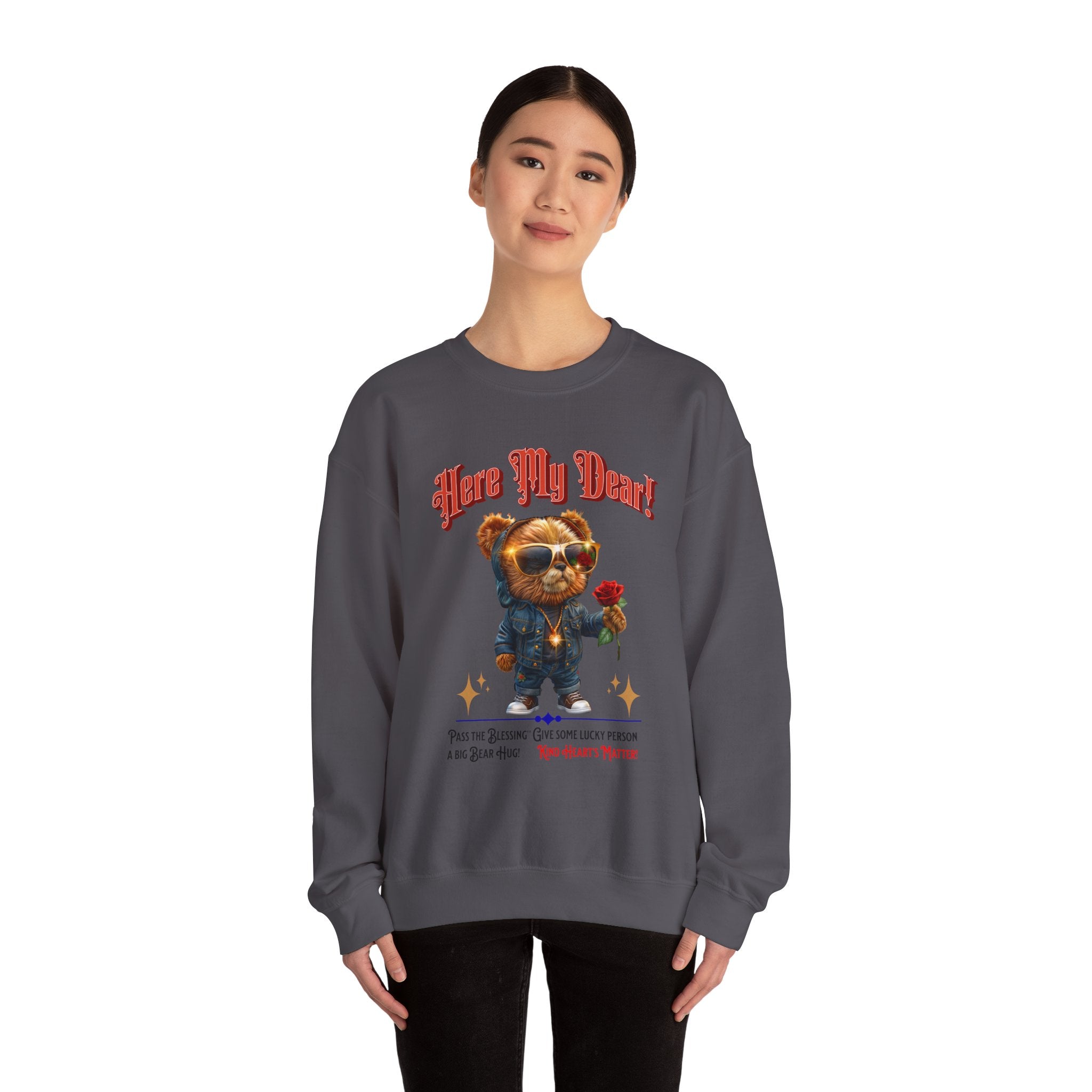Unisex Sweatshirt: HERE MY DEAR Teddy Bear with red Rose - Angel Body