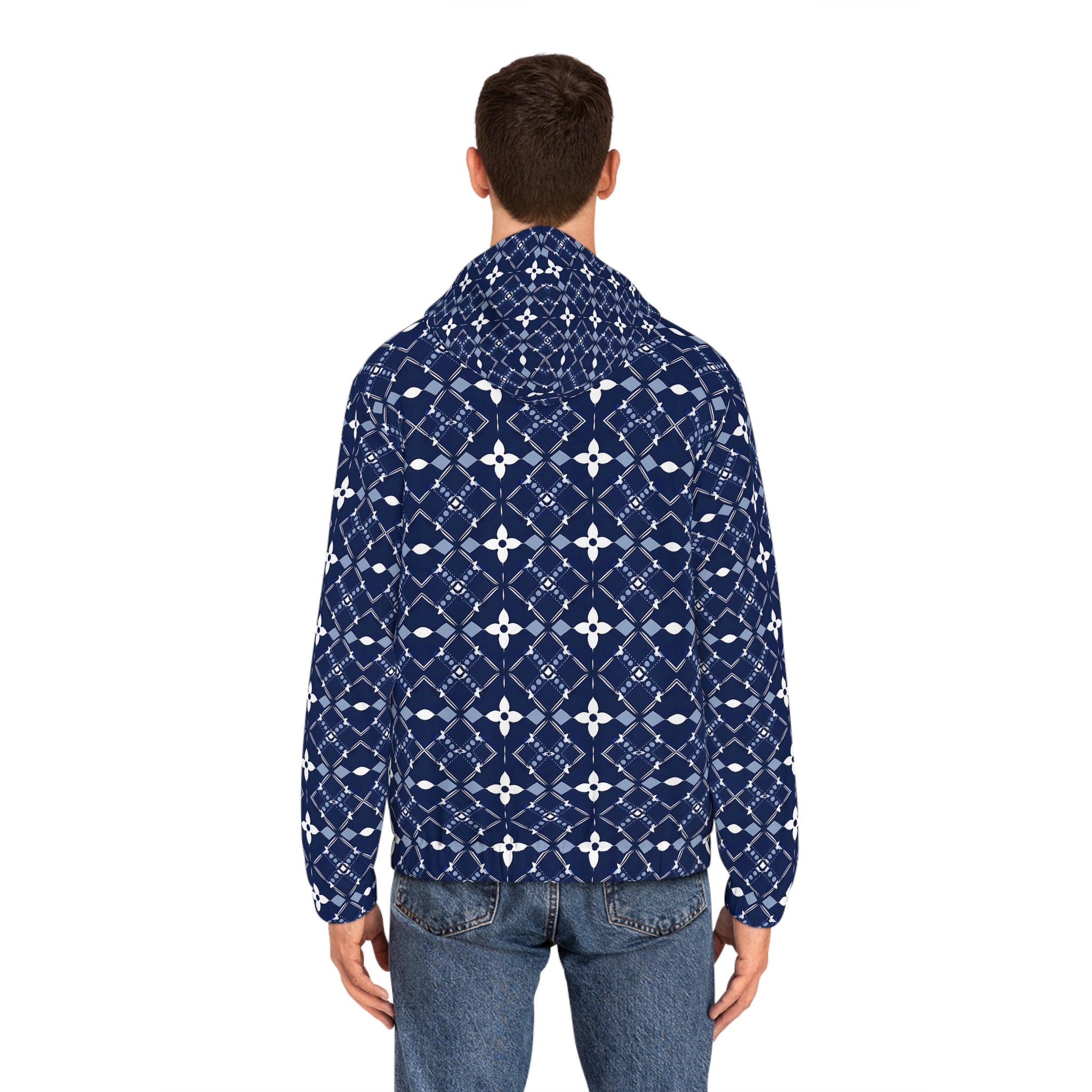 Navy Blue Geometric Pattern Full-Zip Hoodie - Comfortable & Stylish for Men - Angel Body