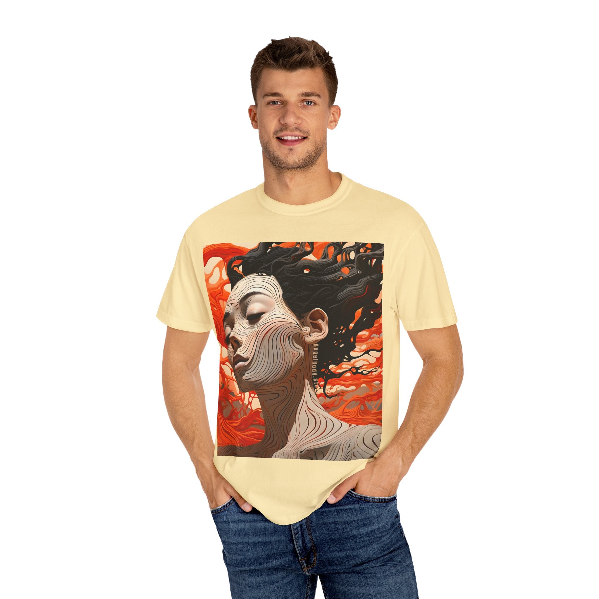 Artistic Unisex Garment-Dyed T-Shirt with Abstract female face Profile Design - Angel Body