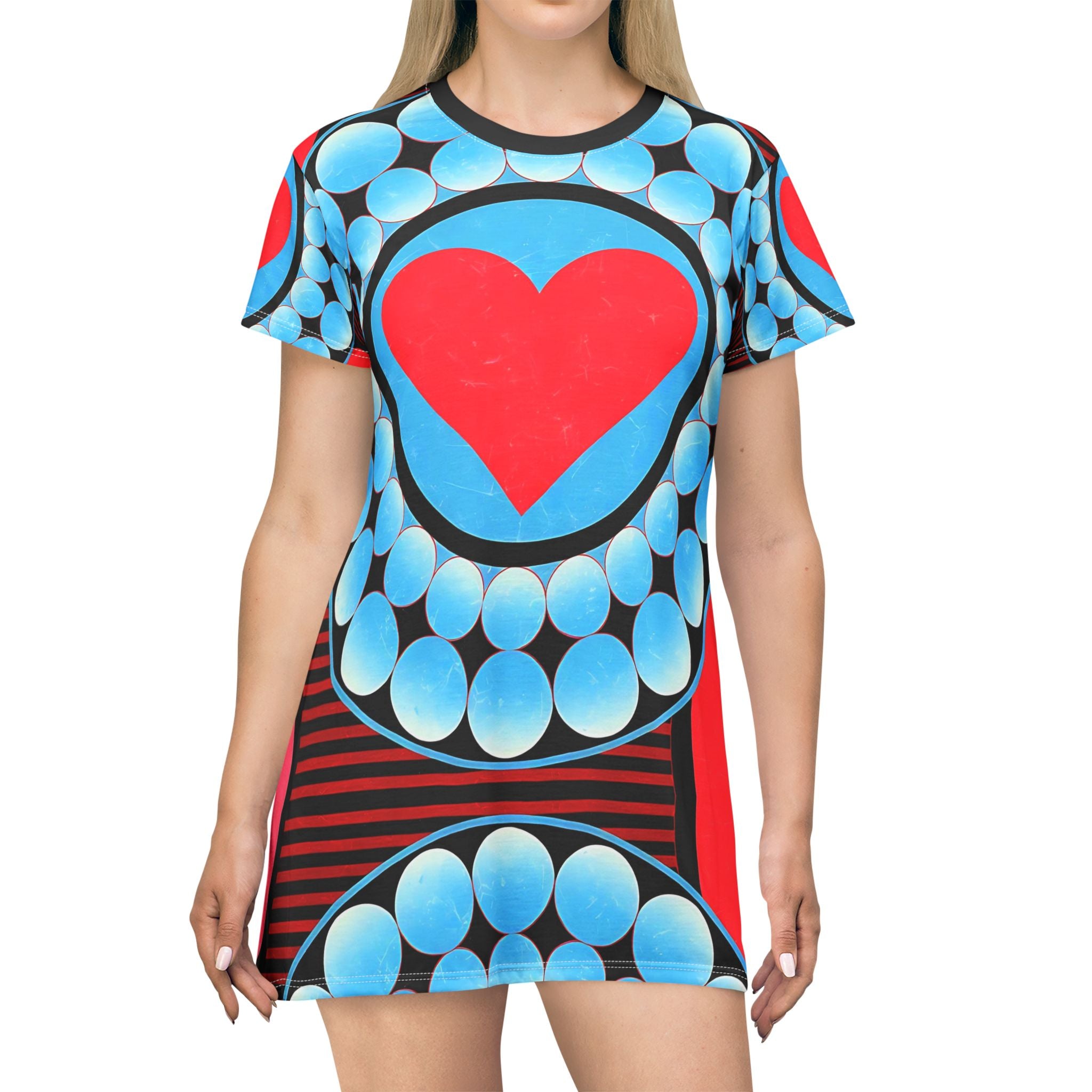 Vibrant Heart Print T-Shirt Dress for Casual Everyday Style - Angel Body