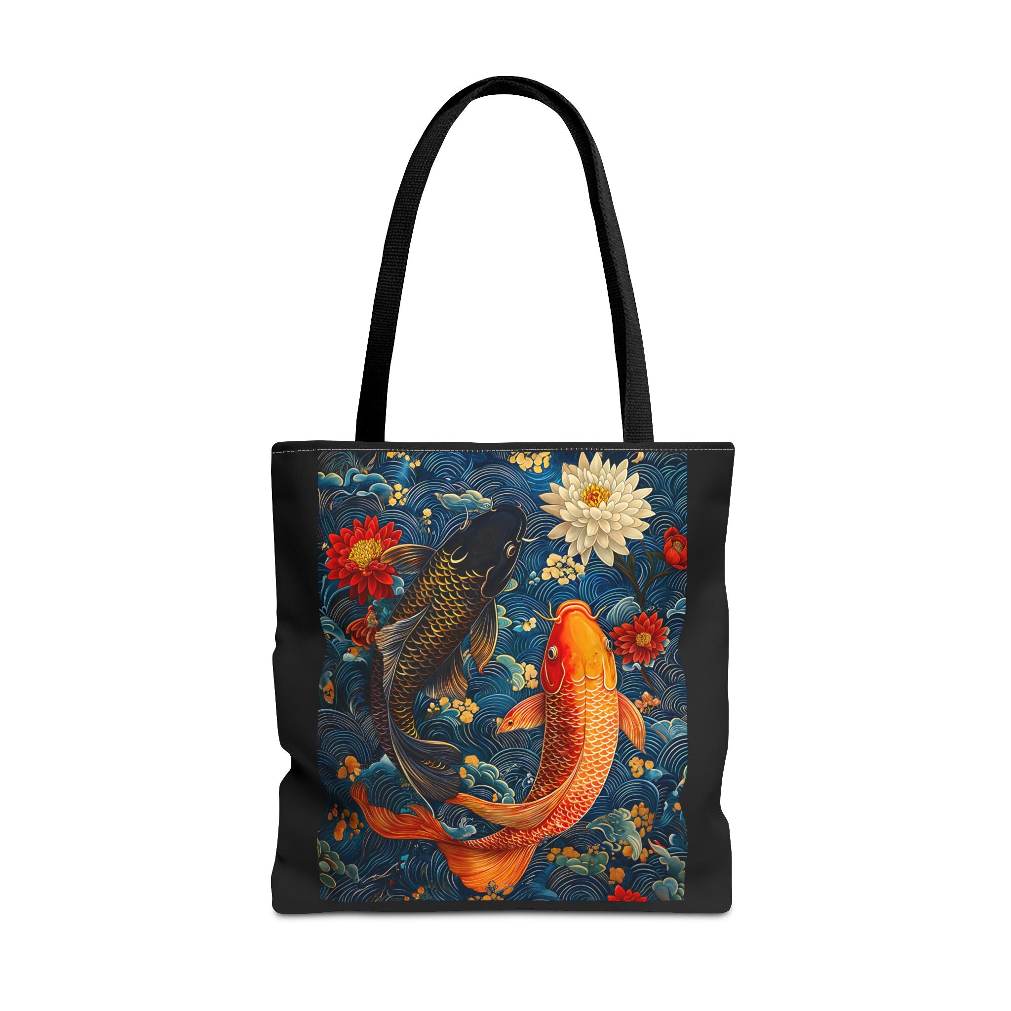 Elegant Koi Fish Tote Bag - Bright Blue Floral Design - Angel Body
