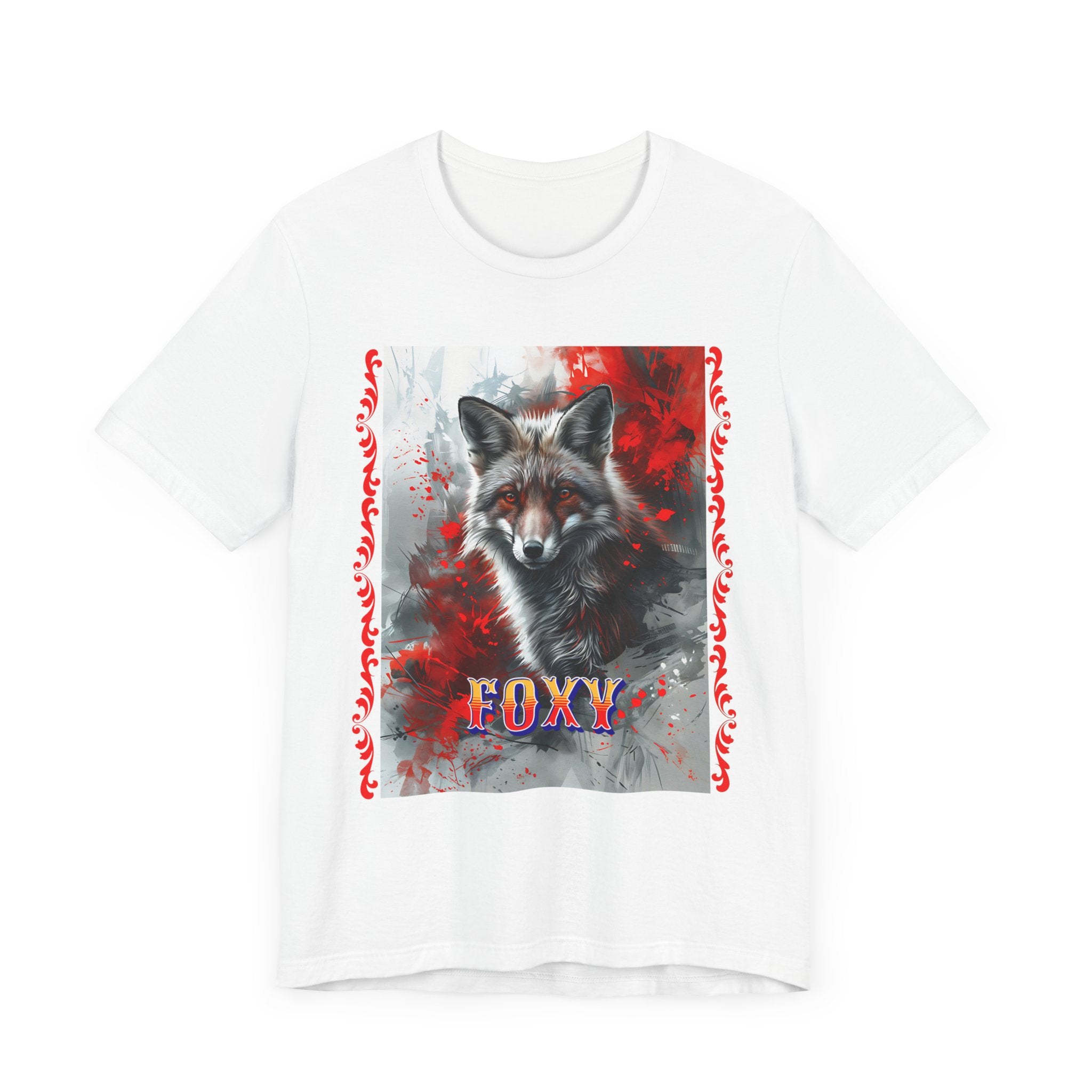 Unisex Jersey Short Sleeve Tee: A lovely painting design of a Red Fox with the word FOXY - Angel Body
