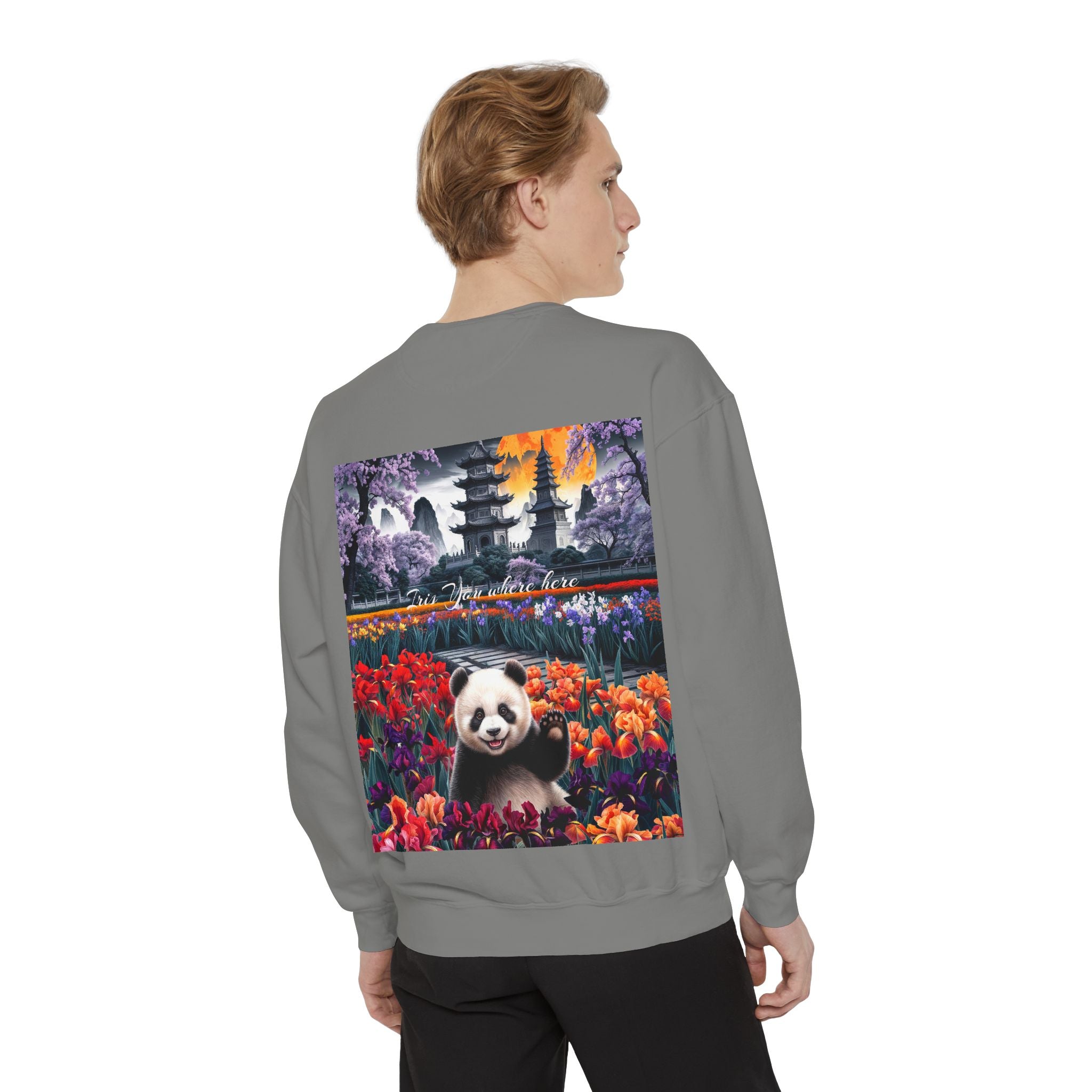 Whimsical Panda Sweatshirt - Cozy Unisex Garment-Dyed Pullover with Floral Design - Angel Body