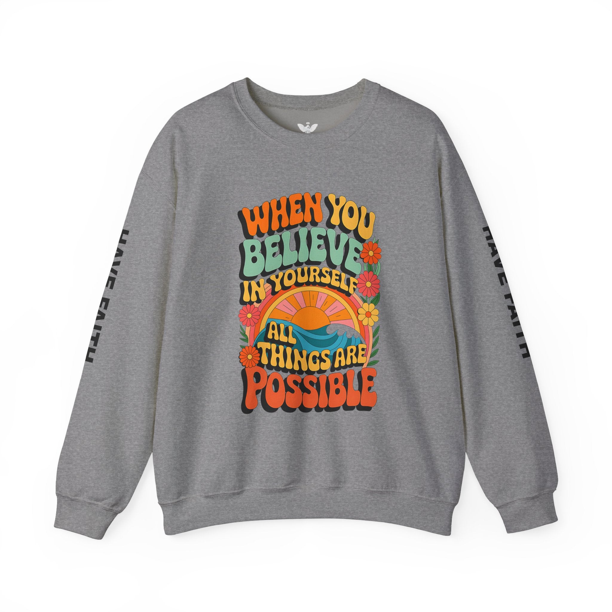 Inspirational Crewneck Sweatshirt - "Believe in Yourself" - Unisex Heavy Blend™ - Angel Body