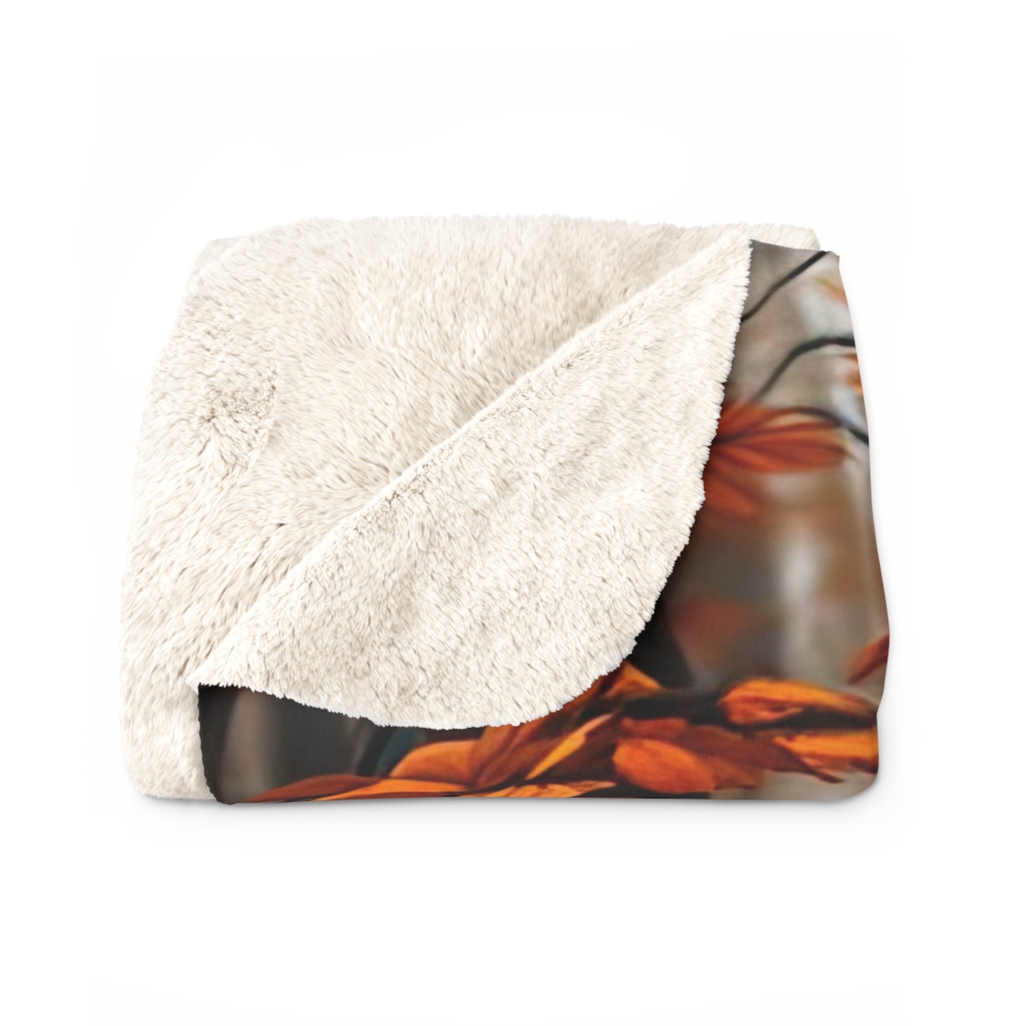 Cozy Wilderness Sherpa Fleece Blanket - Autumn Leaves & Wolf Design - Angel Body