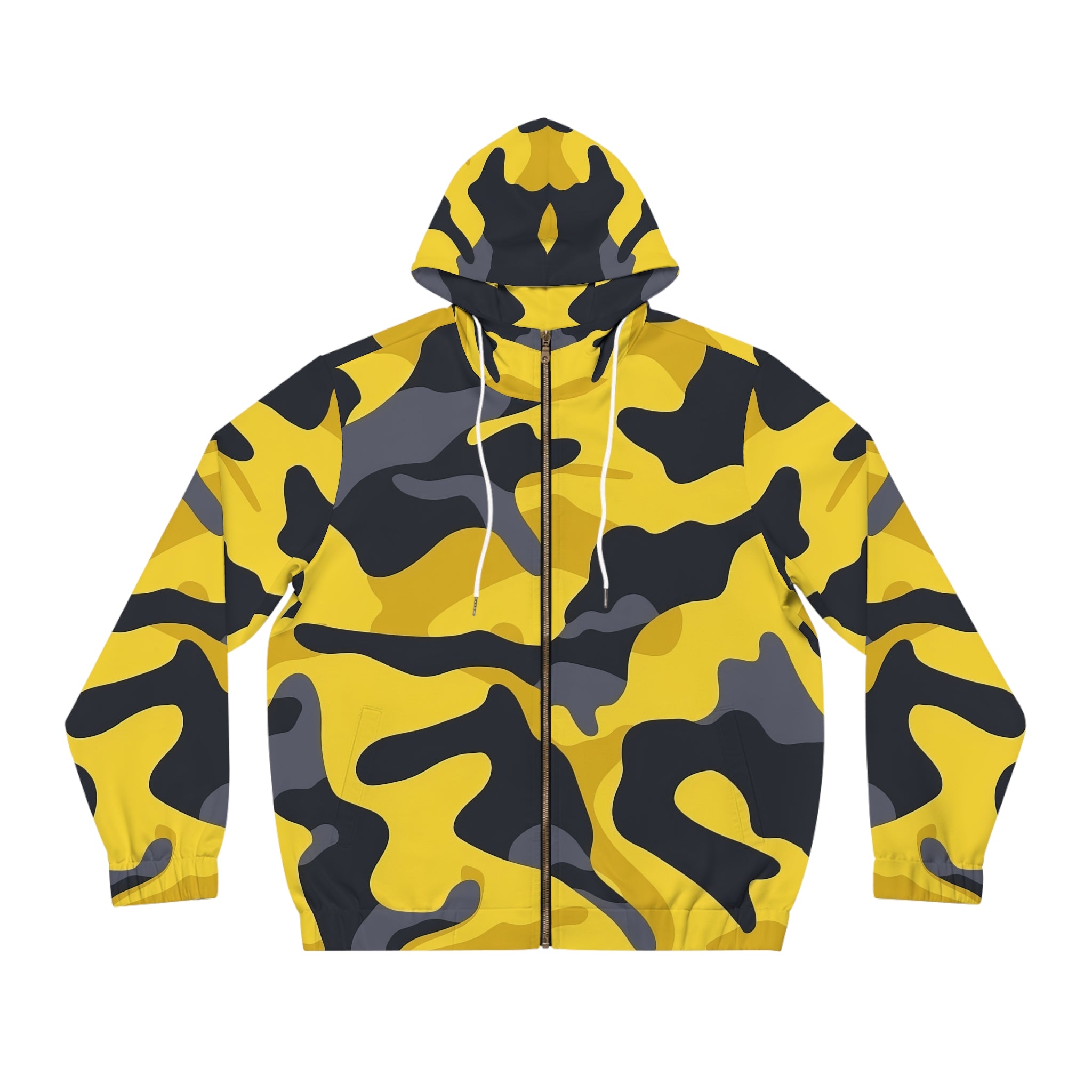 Men's Full-Zip Camo Hoodie - Bold Yellow Camo Design for Outdoor Adventures - Angel Body