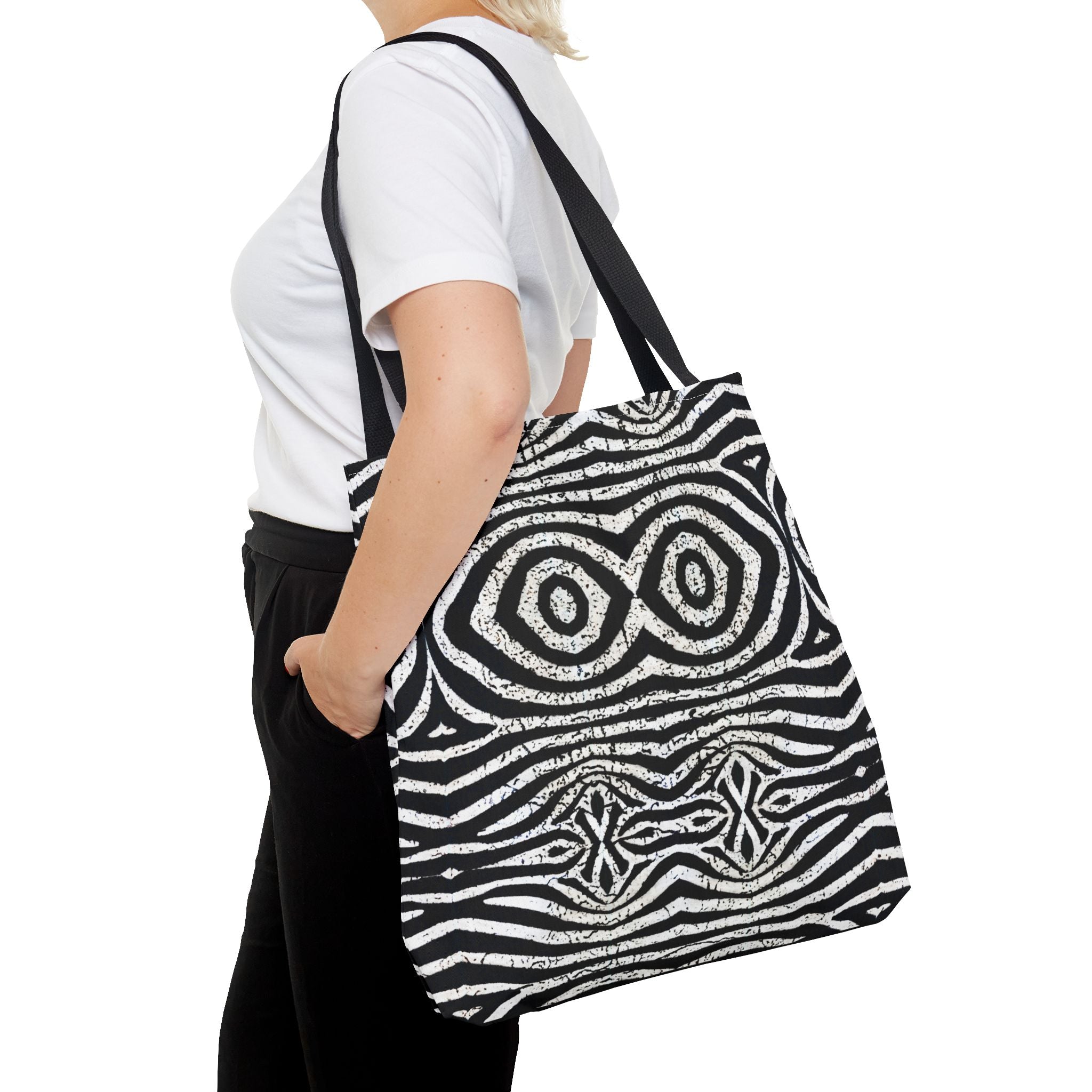 Trendy Black and White Tote Bag with Abstract Pattern | Stylish and Versatile Carryall - Angel Body