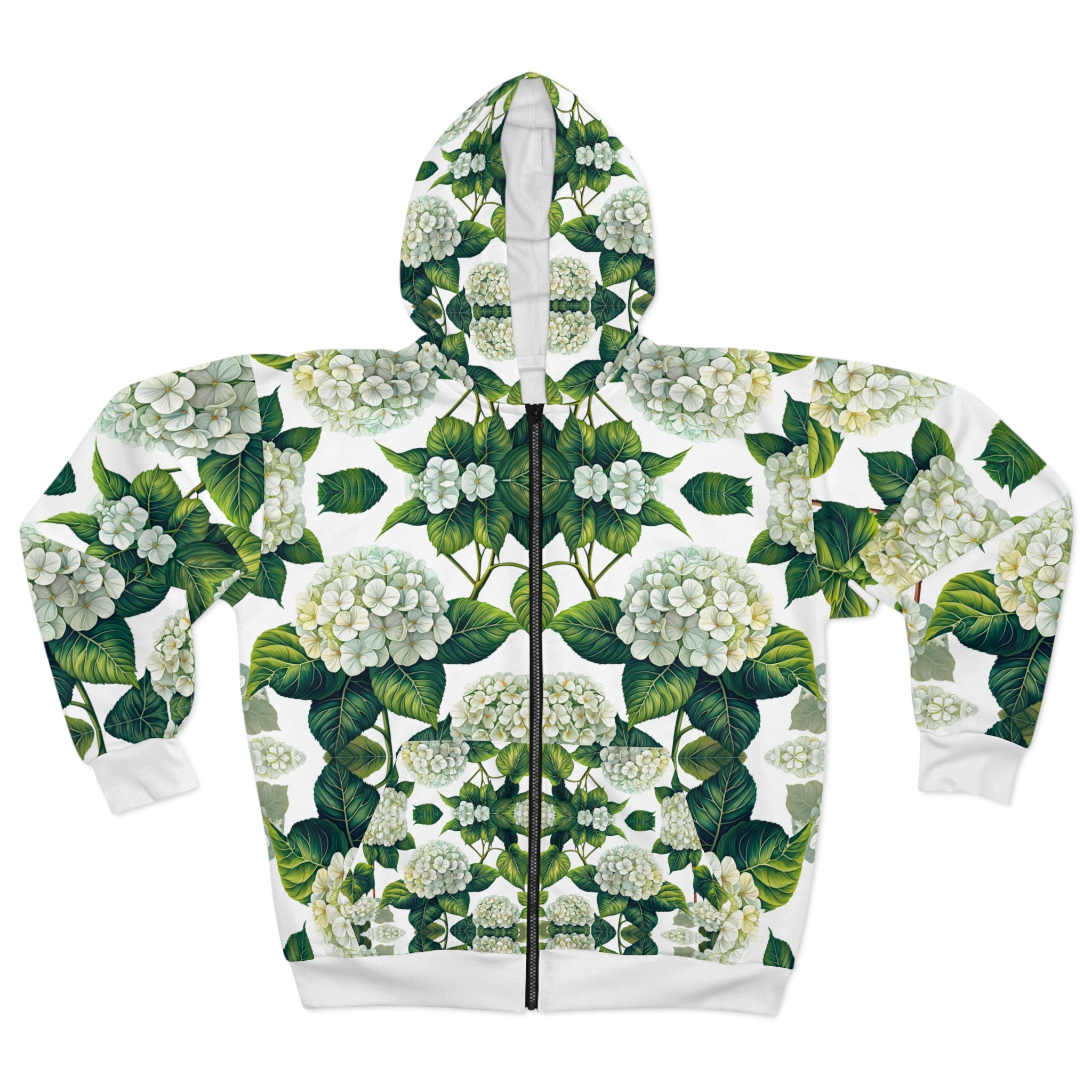 Floral white Hydrangea Unisex Zip Hoodie - Cozy Botanical Style for Nature Lovers - Angel Body