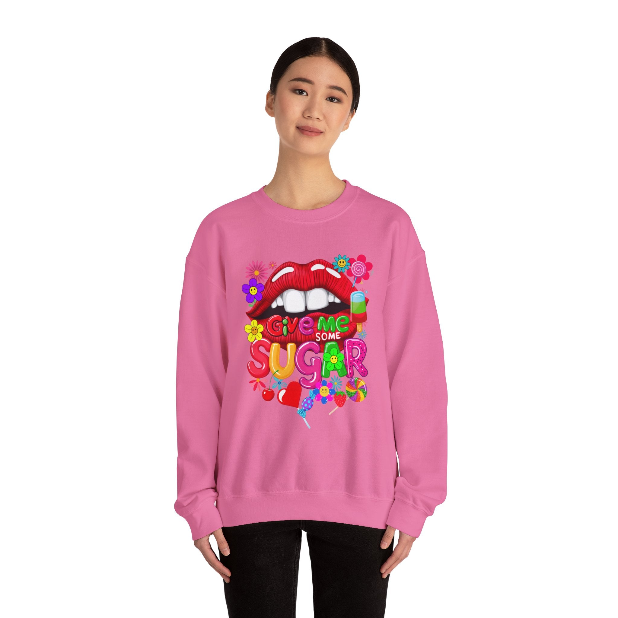 Fun Big Red Lips Give Me Some Sugar Crewneck Sweatshirt - Angel Body