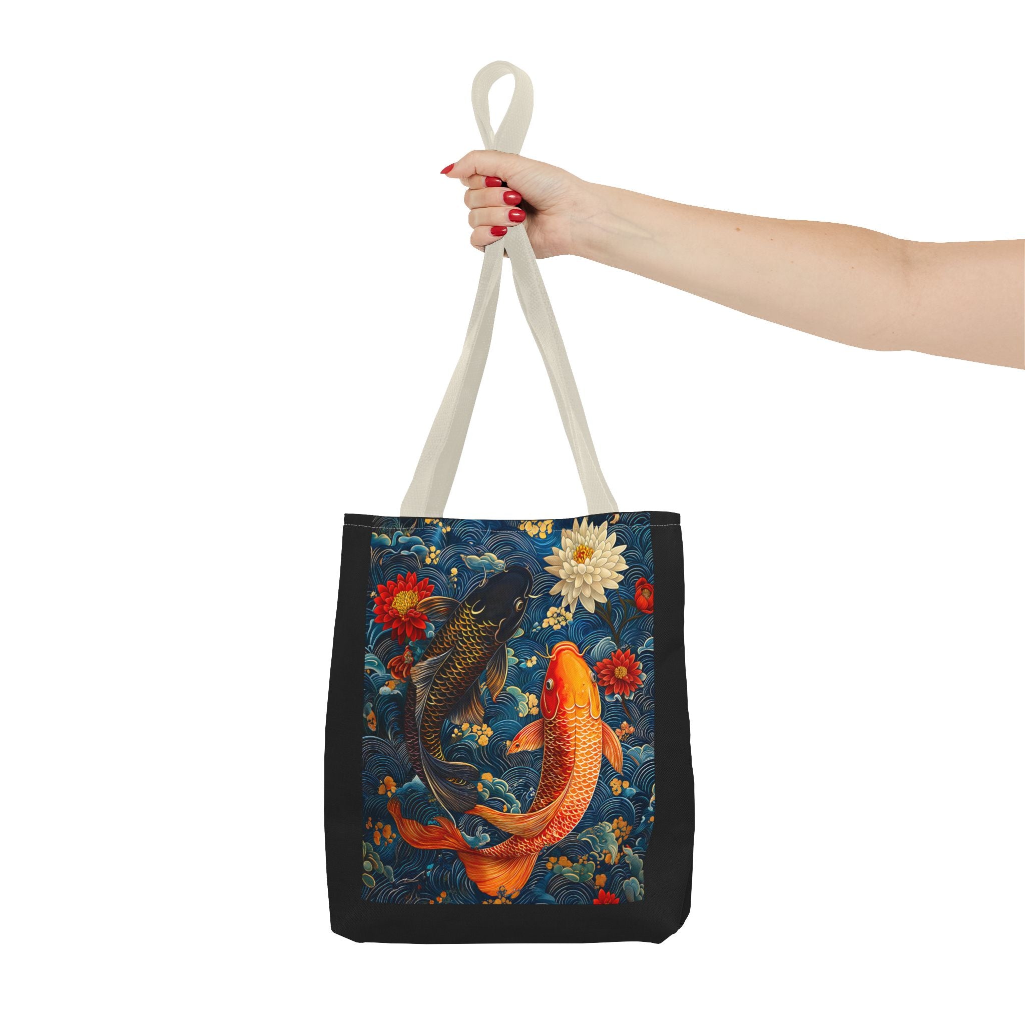 Elegant Koi Fish Tote Bag - Bright Blue Floral Design - Angel Body