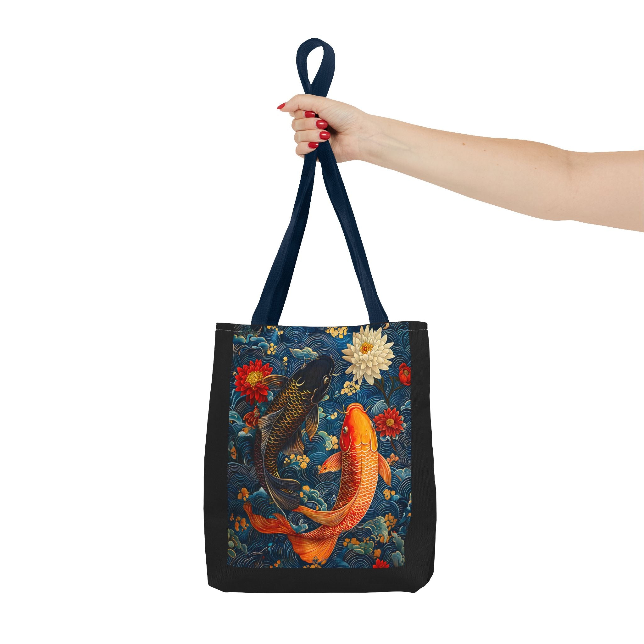 Elegant Koi Fish Tote Bag - Bright Blue Floral Design - Angel Body