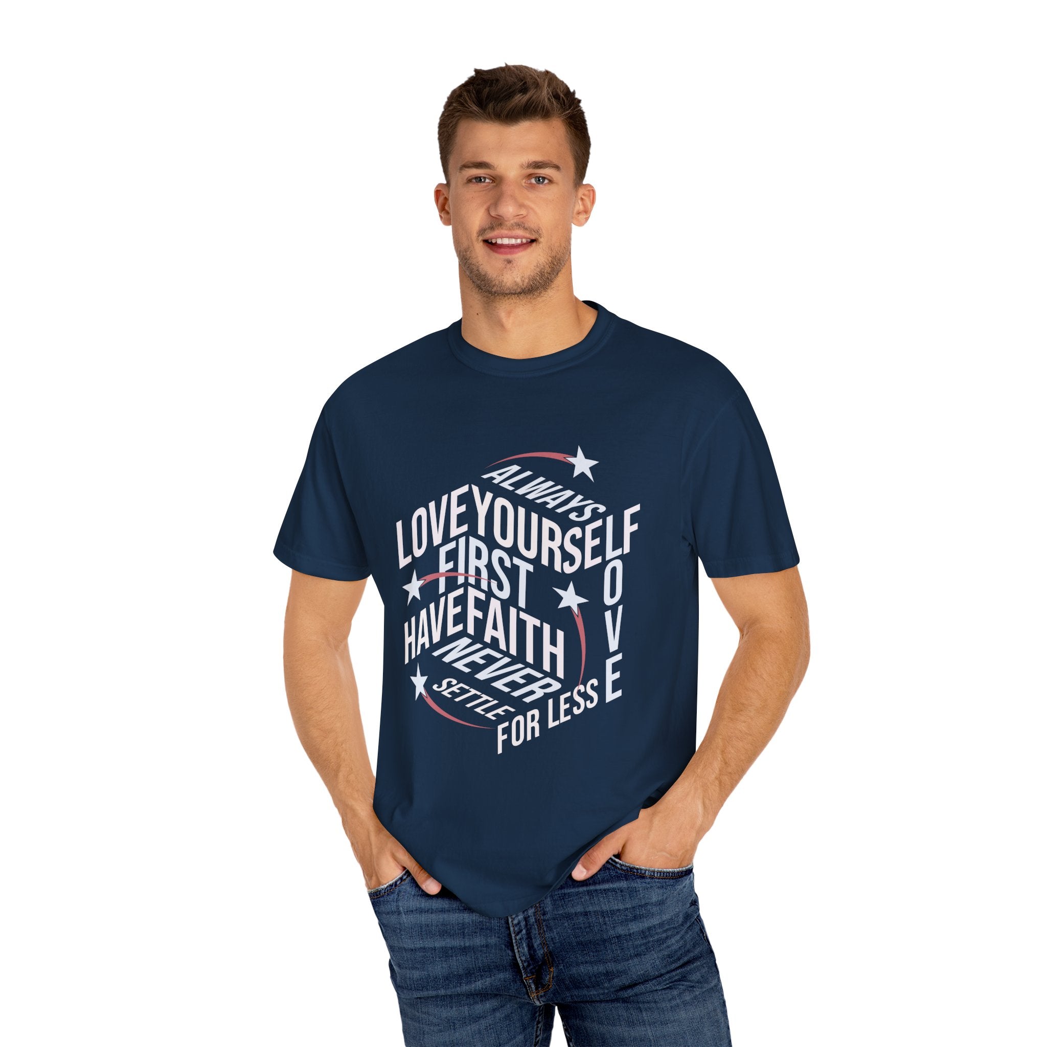 Motivational Unisex Garment-Dyed T-Shirt - "Love Yourself First" - Angel Body