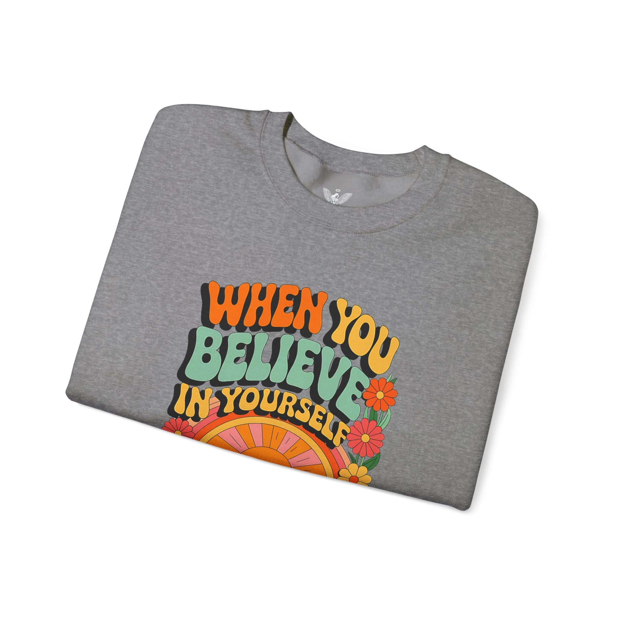 Inspirational Crewneck Sweatshirt - "Believe in Yourself" - Unisex Heavy Blend™ - Angel Body