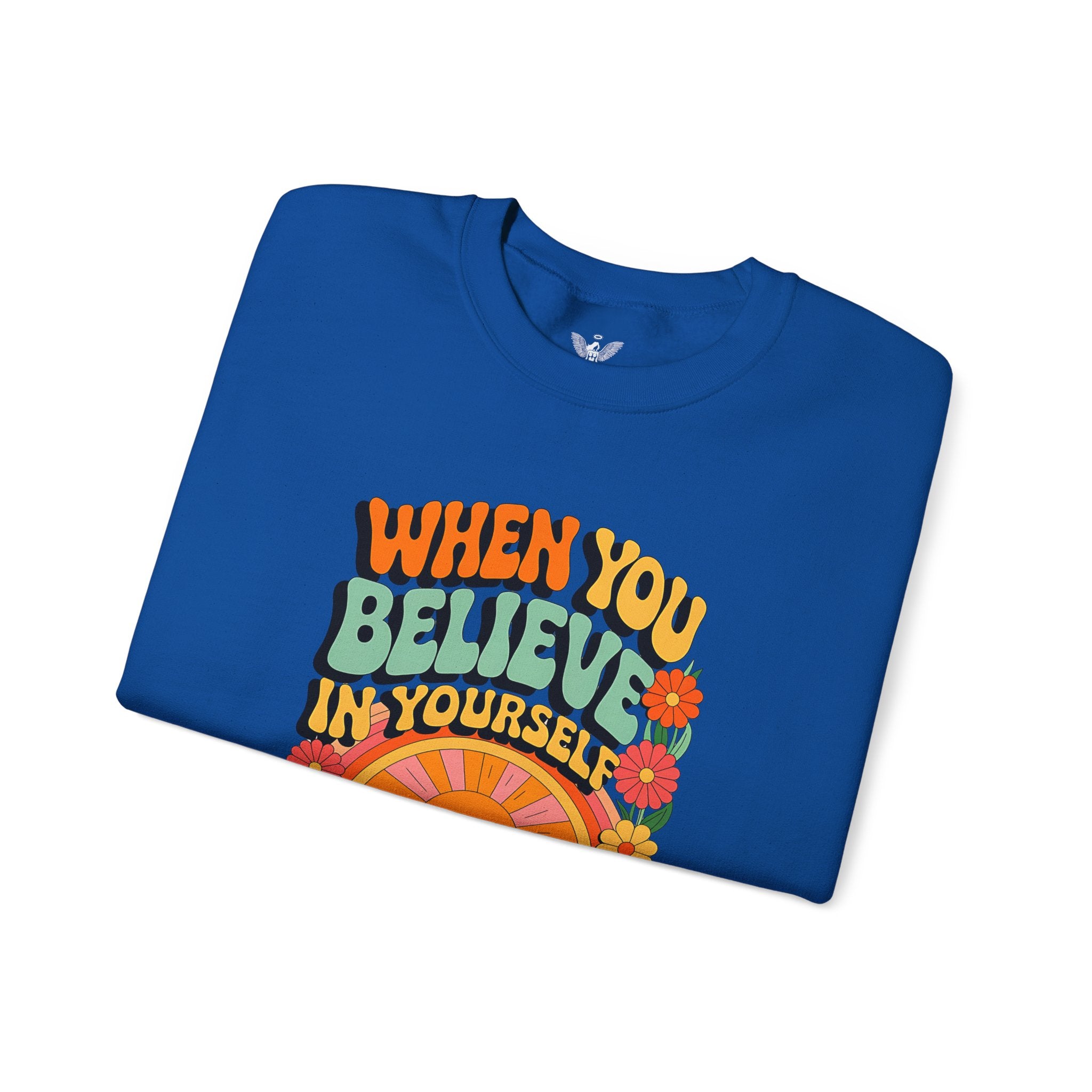 Inspirational Crewneck Sweatshirt - "Believe in Yourself" - Unisex Heavy Blend™ - Angel Body