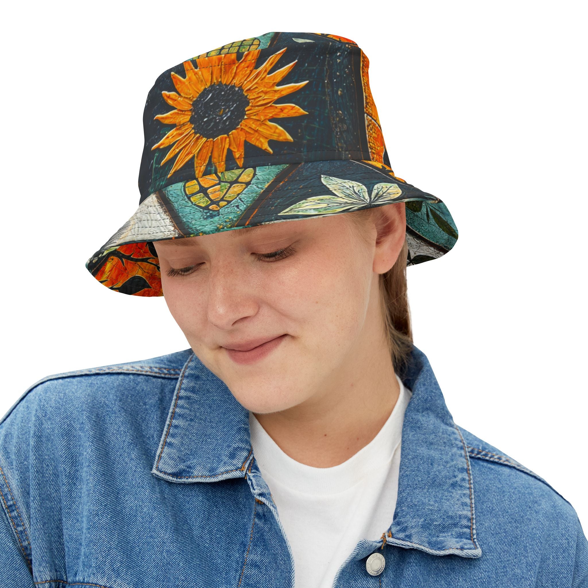 Sunflower Mosaic Bucket Hat, Floral Summer Hat, Beach Accessories, Sun Protection Hat, Gift for Garden Lovers - Angel Body
