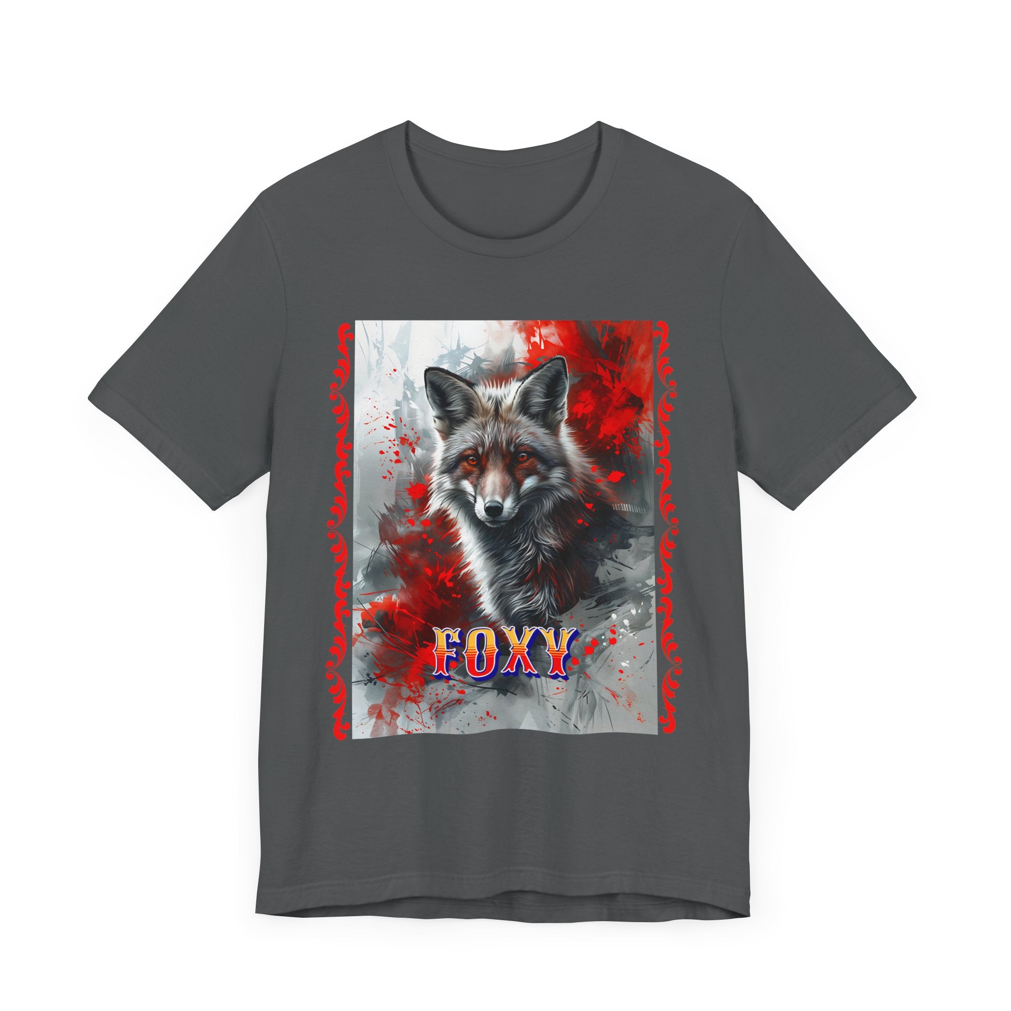 Unisex Jersey Short Sleeve Tee: A lovely painting design of a Red Fox with the word FOXY - Angel Body