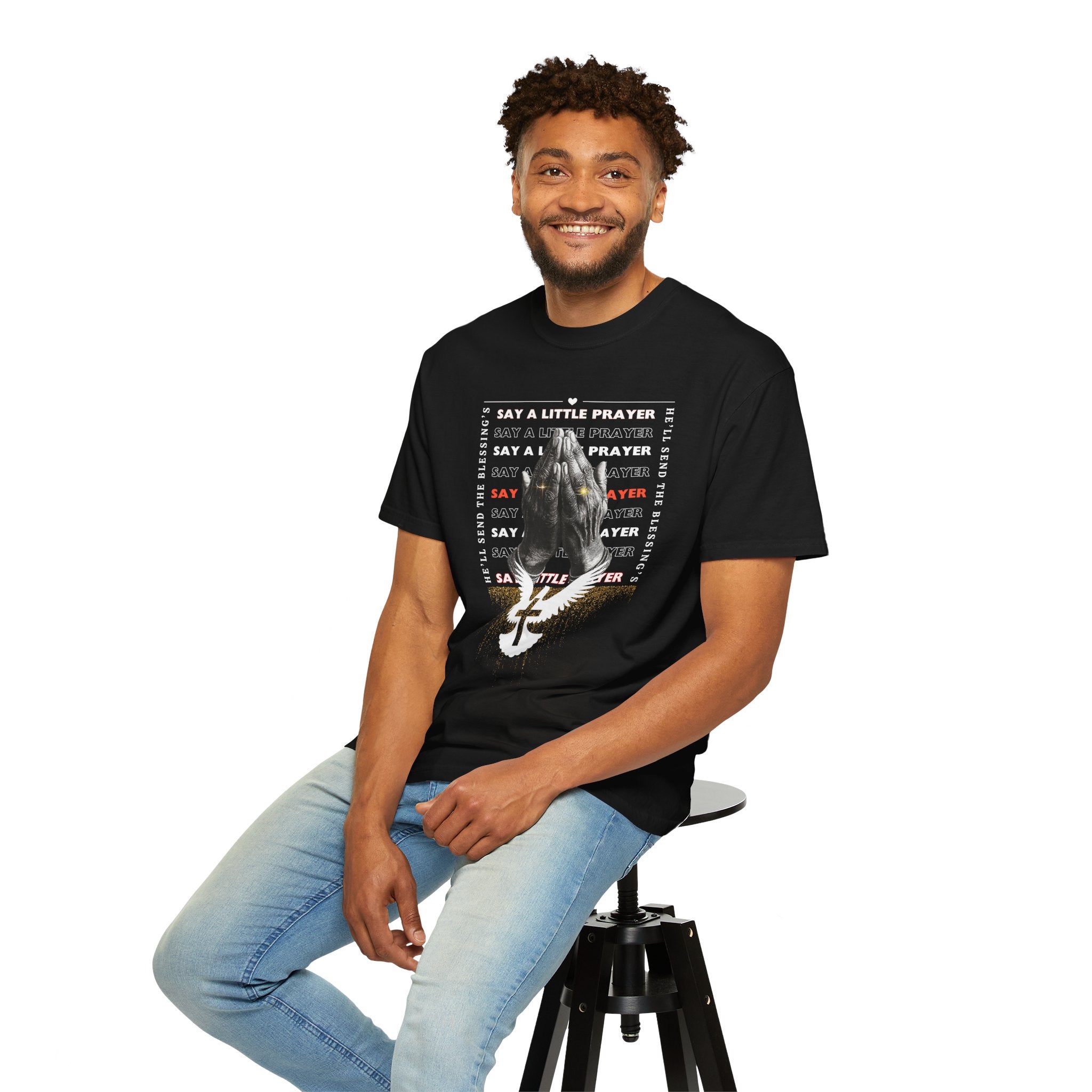 Navy Prayer Graphic Unisex T-Shirt - Say A Little Prayer Design - Angel Body