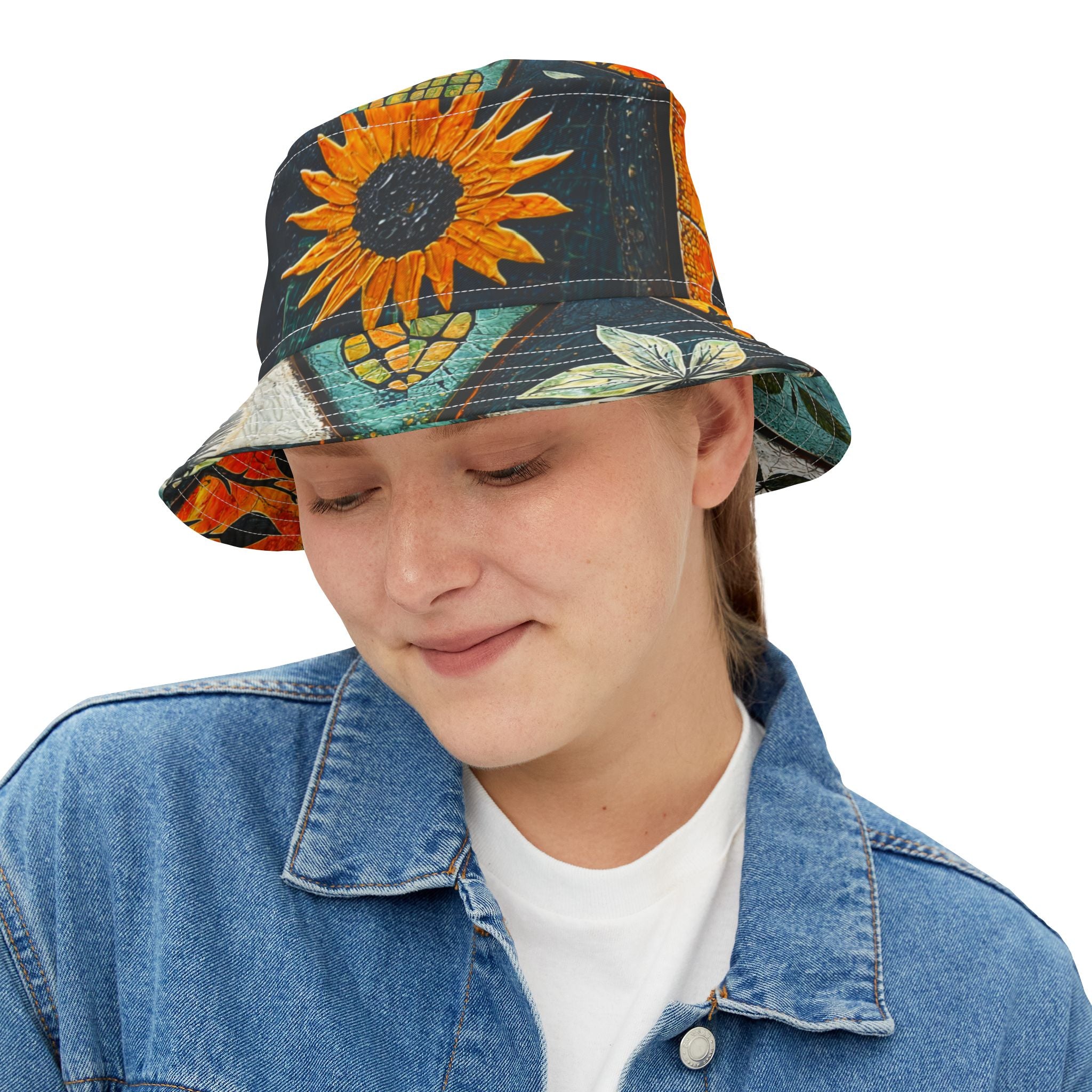Sunflower Mosaic Bucket Hat, Floral Summer Hat, Beach Accessories, Sun Protection Hat, Gift for Garden Lovers - Angel Body