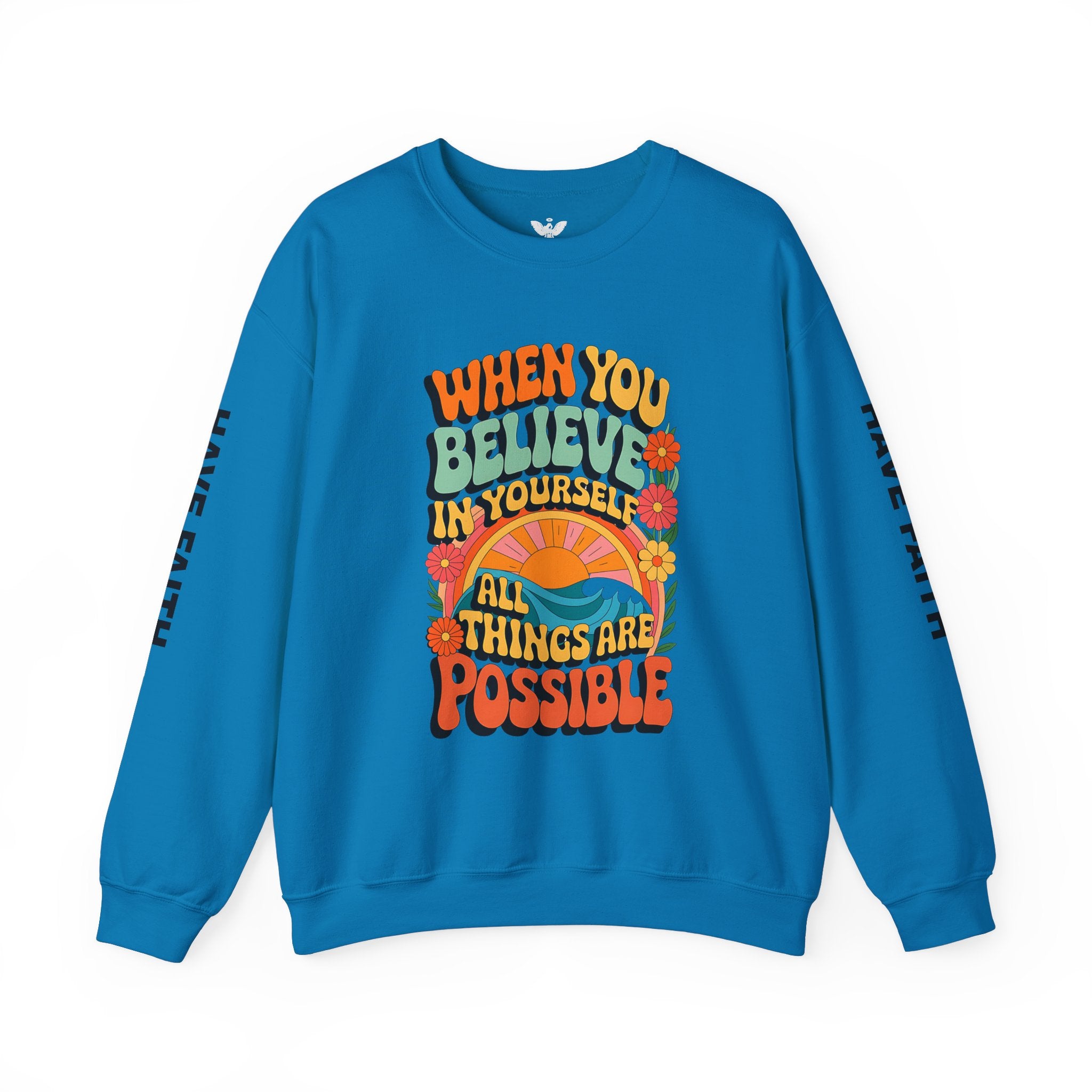 Inspirational Crewneck Sweatshirt - "Believe in Yourself" - Unisex Heavy Blend™ - Angel Body