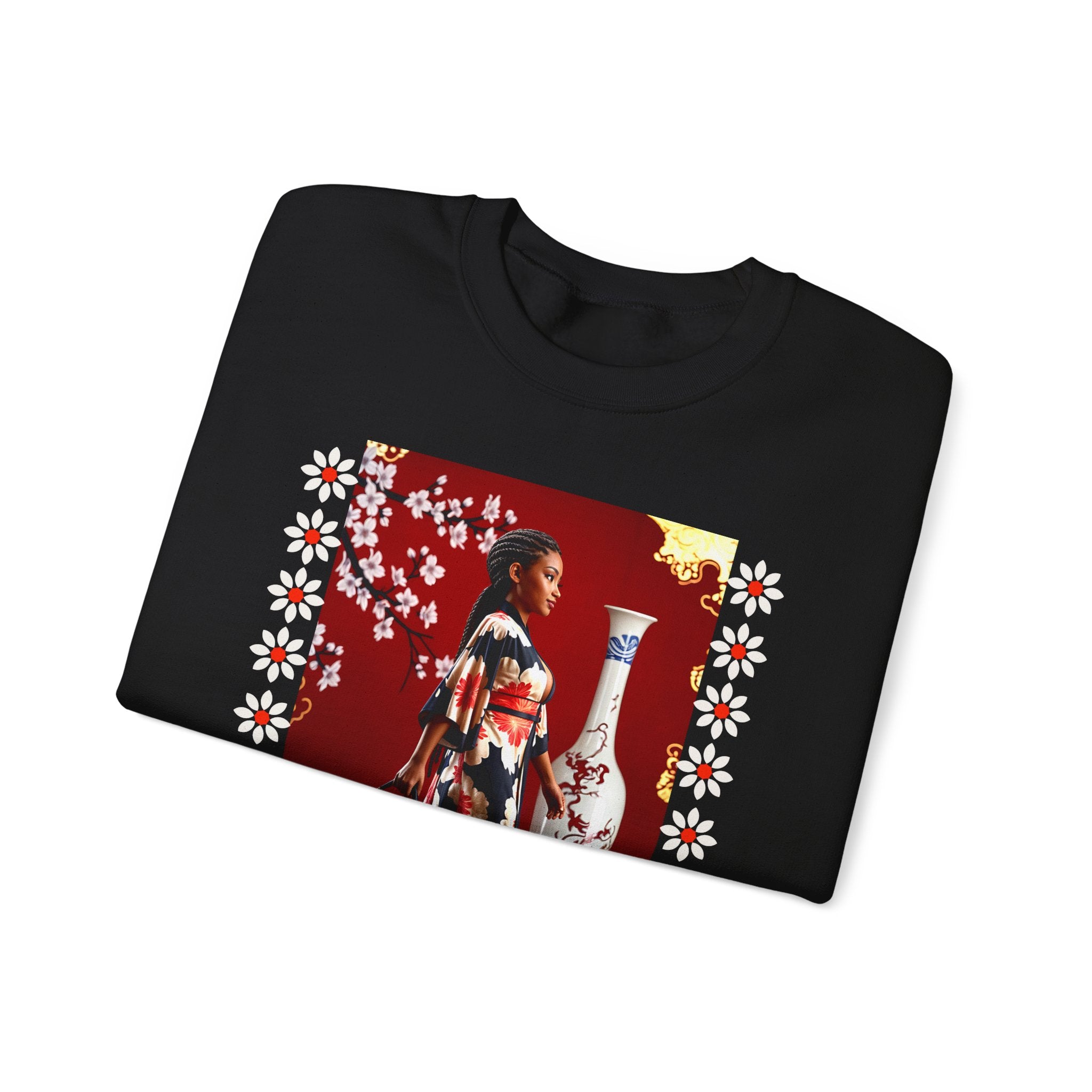 Elegant Asian-Inspired Graphic Crewneck Sweatshirt - Angel Body