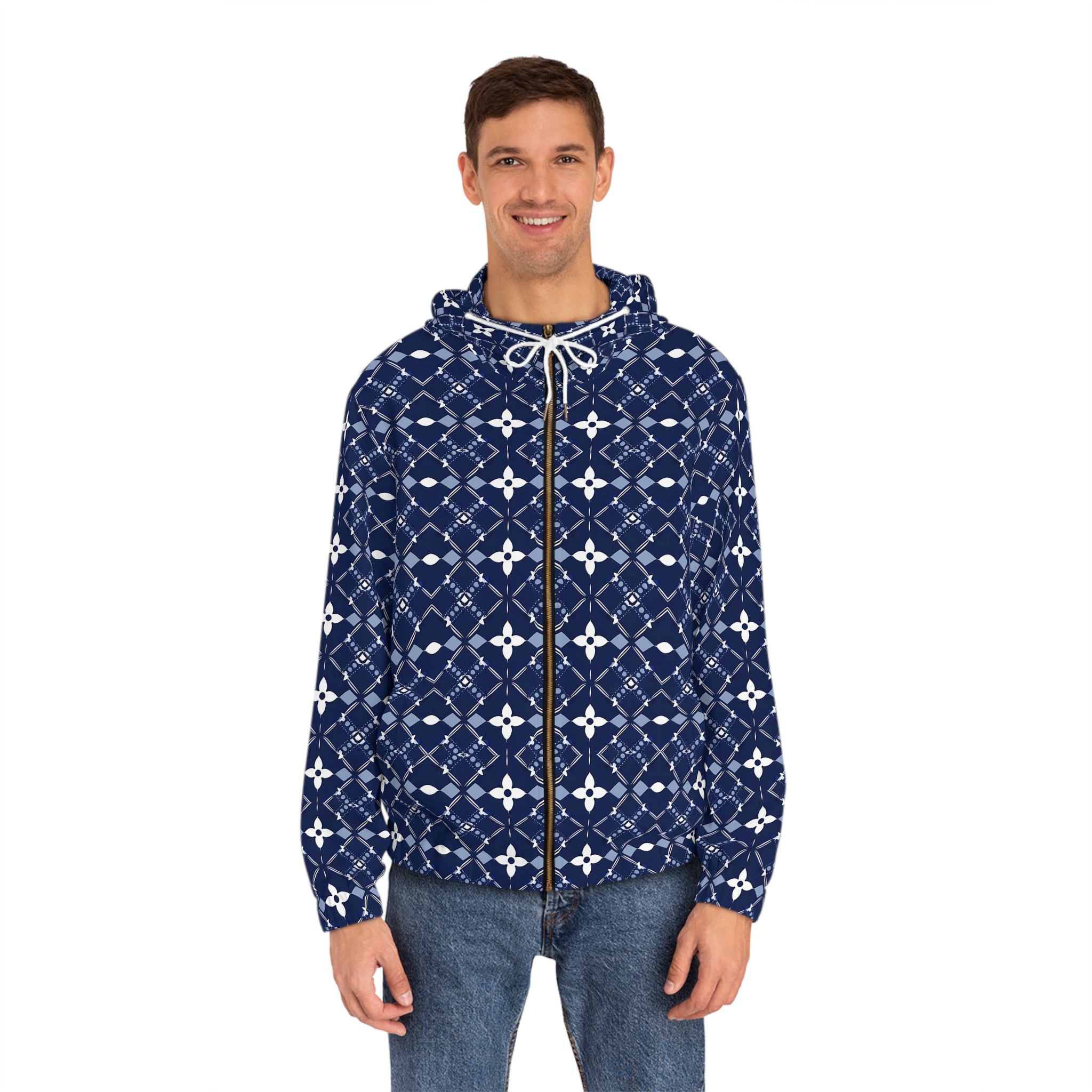 Navy Blue Geometric Pattern Full-Zip Hoodie - Comfortable & Stylish for Men - Angel Body