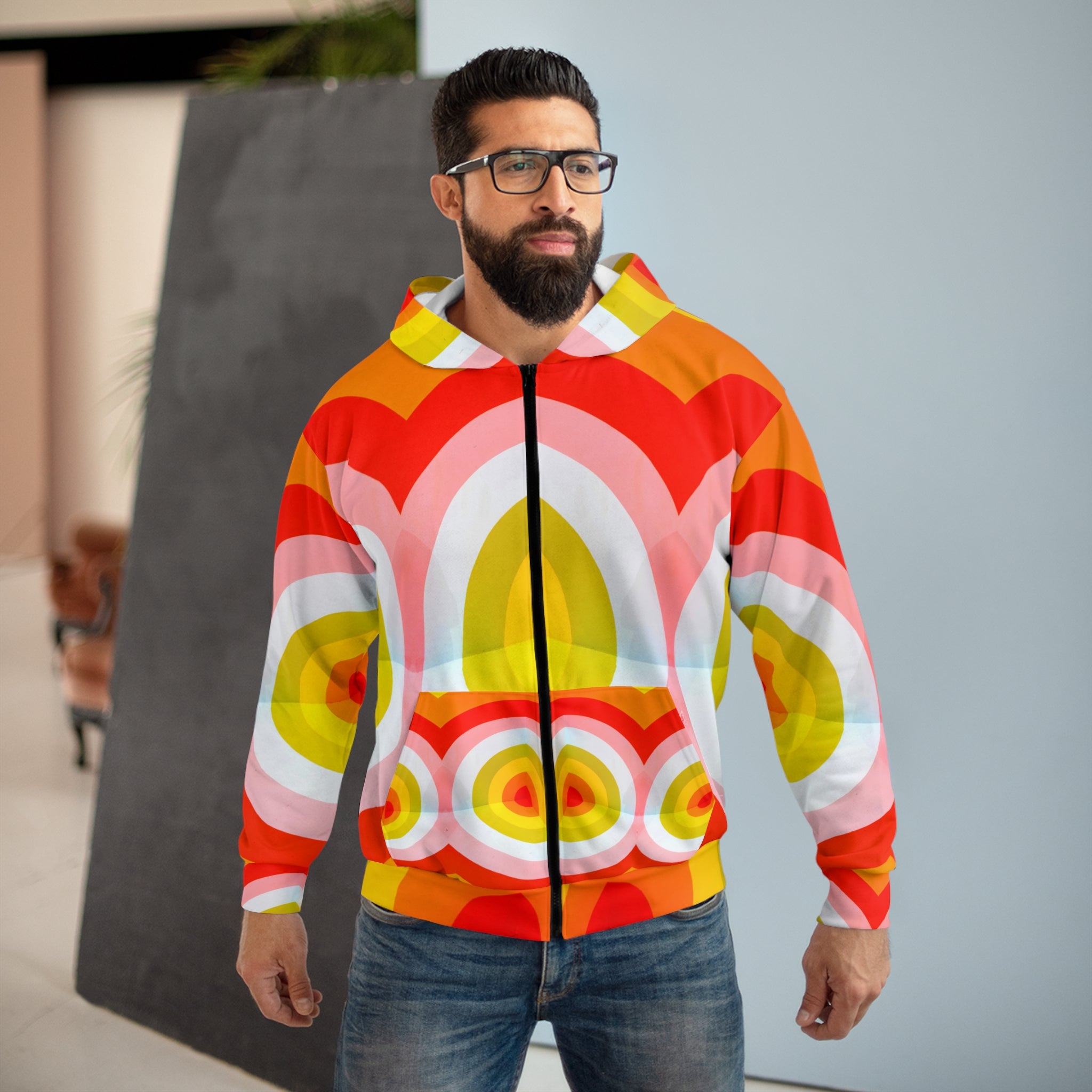 Pop Art Zip Hoodie - Retro Abstract Design, Bright Colors - Angel Body