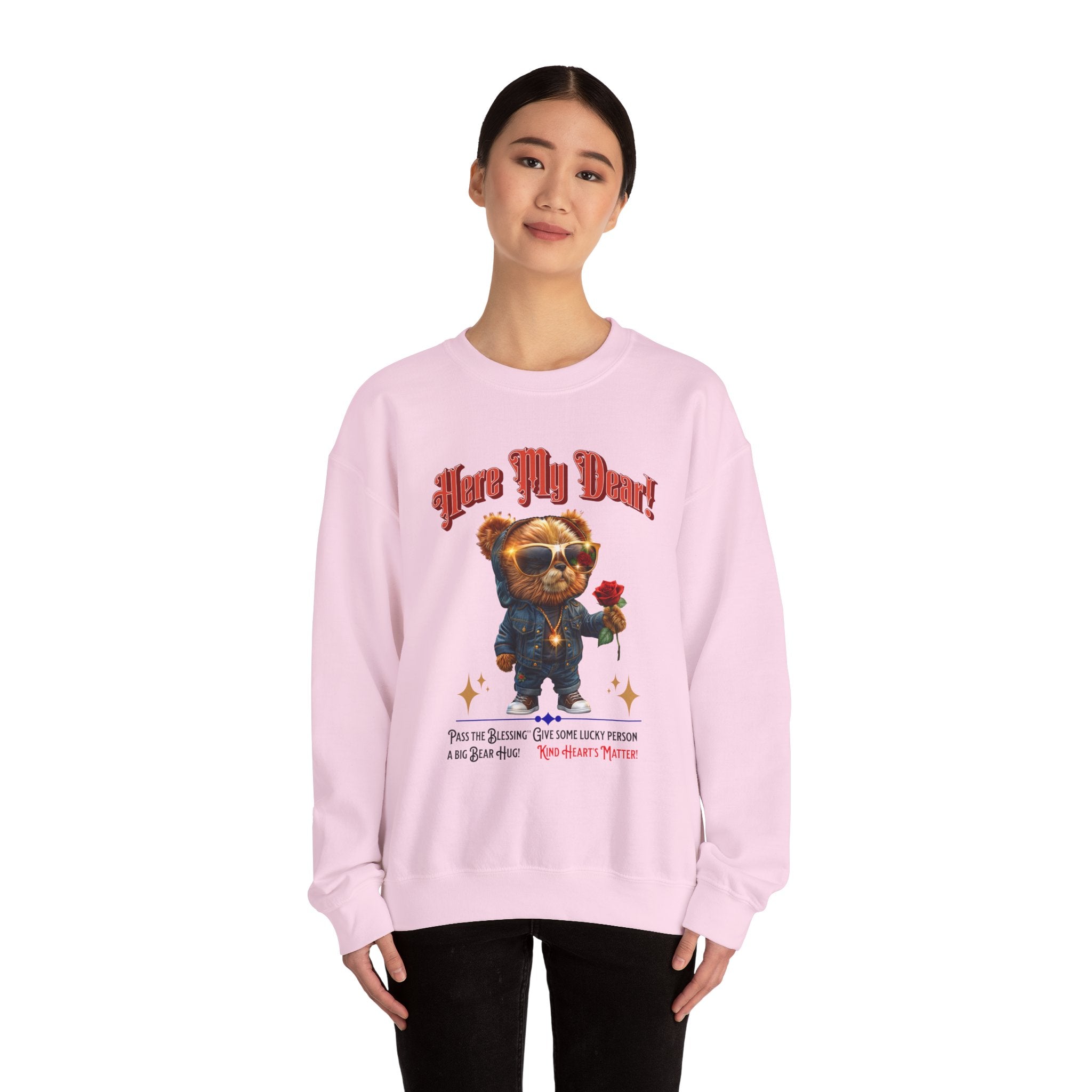 Unisex Sweatshirt: HERE MY DEAR Teddy Bear with red Rose - Angel Body
