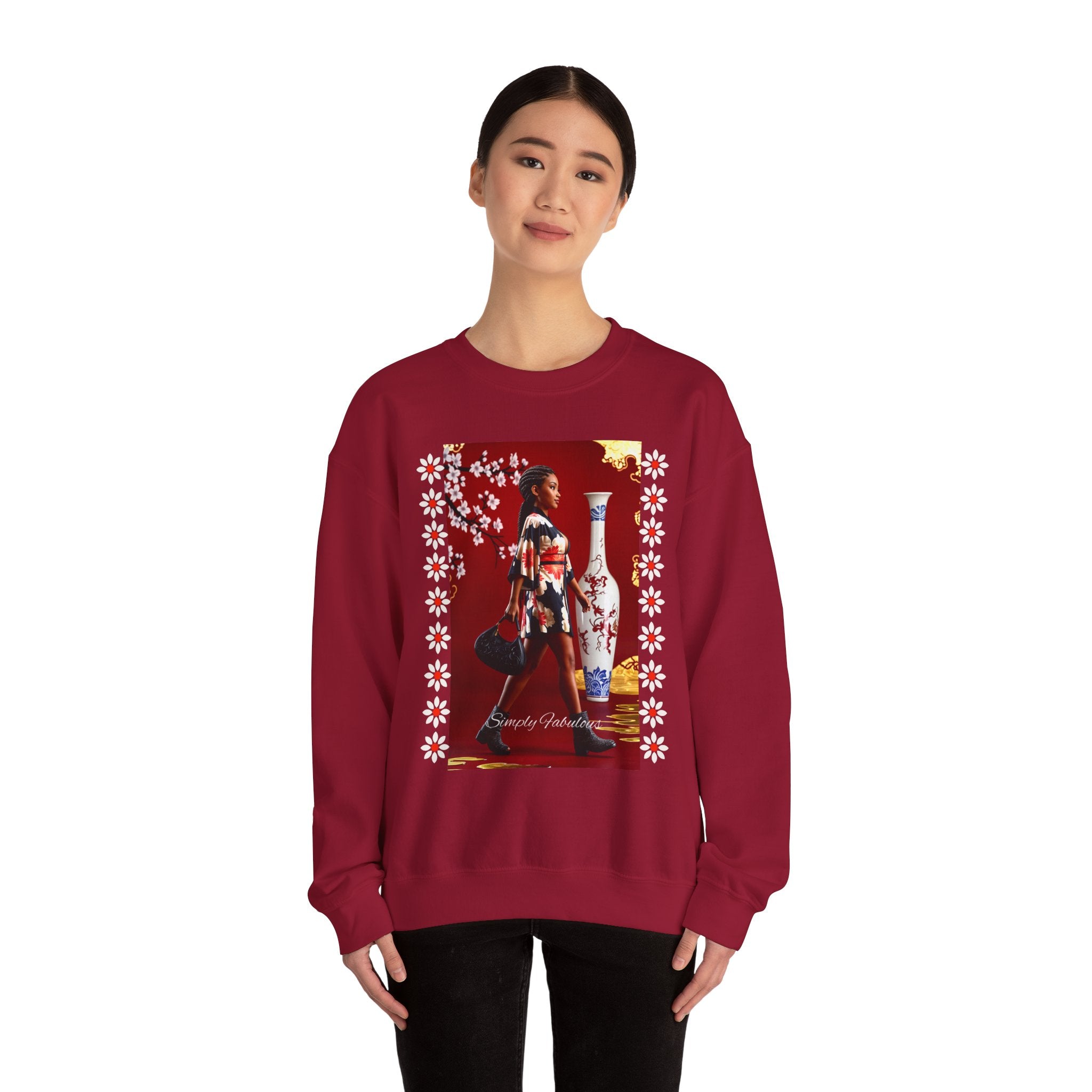 Elegant Asian-Inspired Graphic Crewneck Sweatshirt - Angel Body