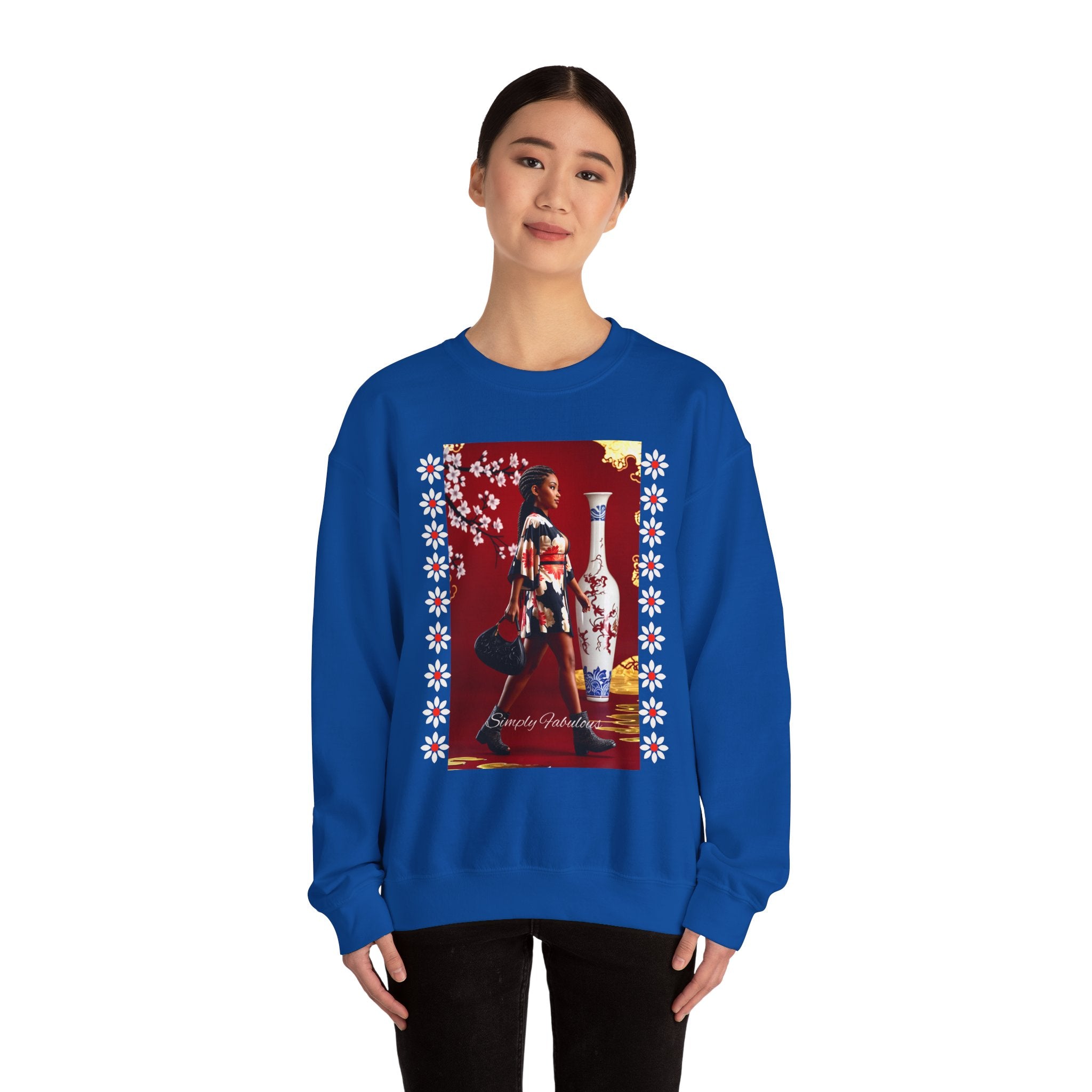 Elegant Asian-Inspired Graphic Crewneck Sweatshirt - Angel Body