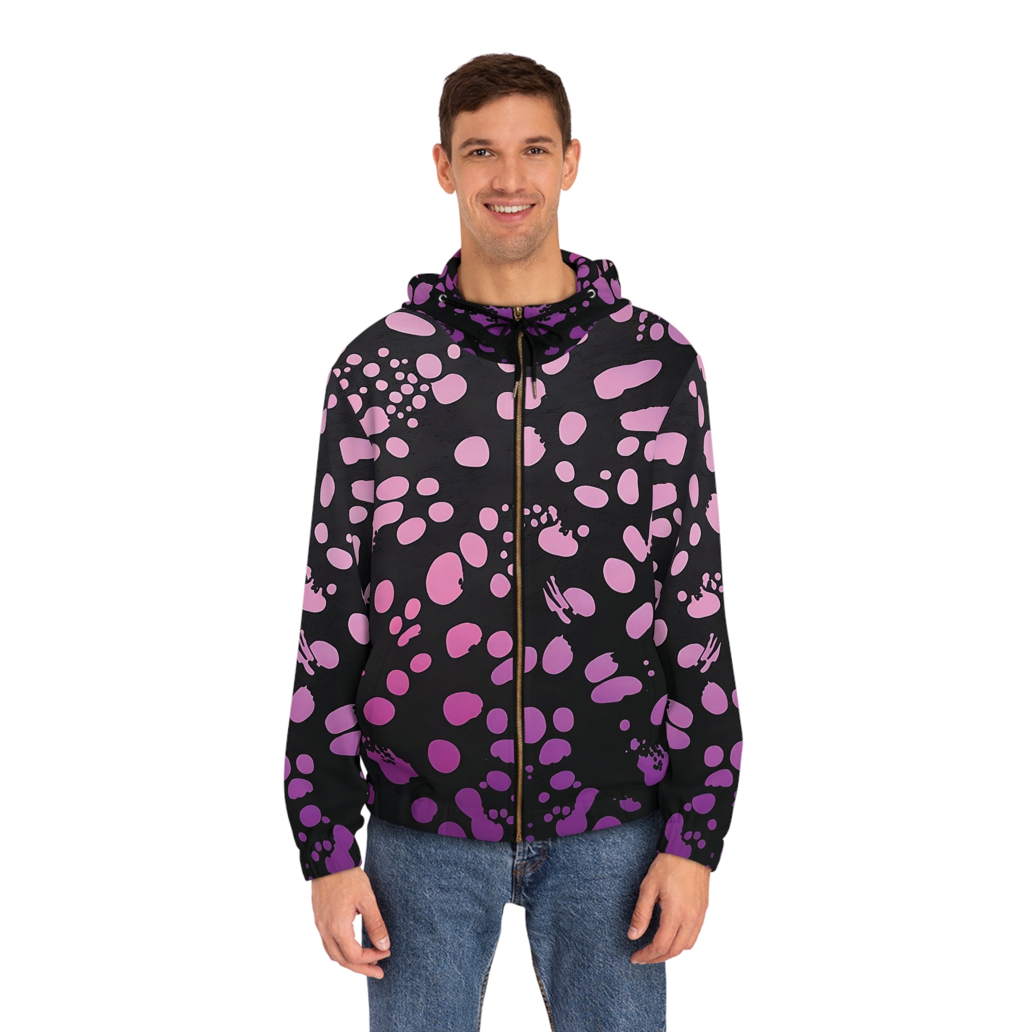 New Trendy Men's Full-Zip Hoodie with Abstract Pink Polka Dot Design - Angel Body