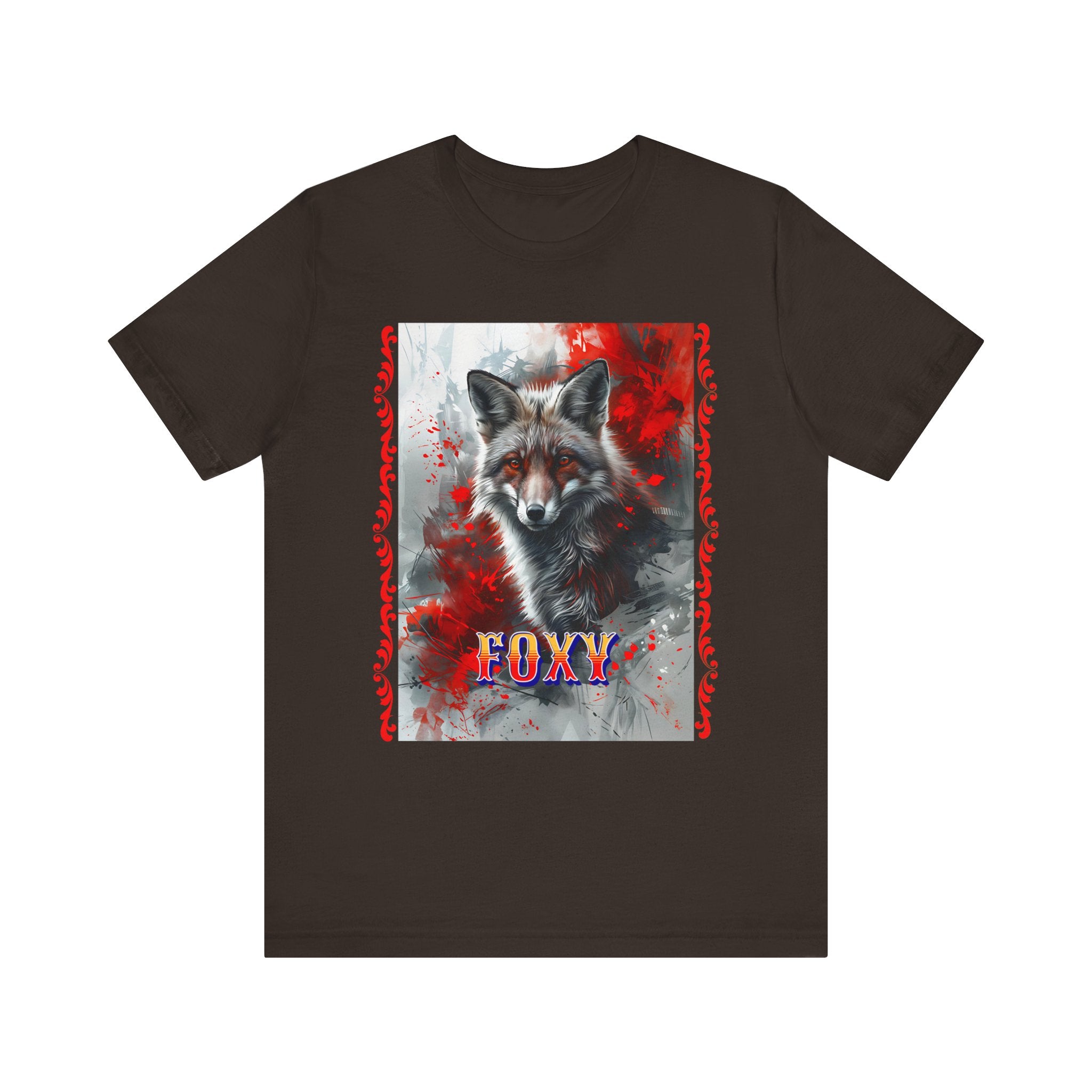 Unisex Jersey Short Sleeve Tee: A lovely painting design of a Red Fox with the word FOXY - Angel Body