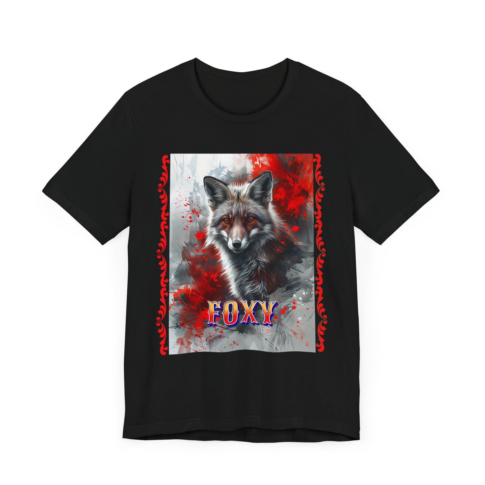 Unisex Jersey Short Sleeve Tee: A lovely painting design of a Red Fox with the word FOXY - Angel Body